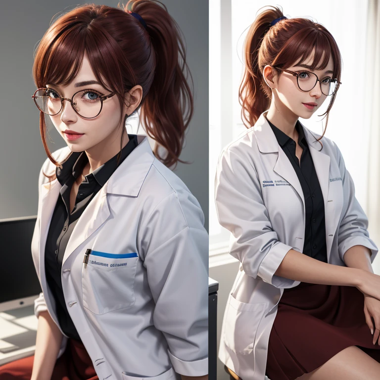 (absurdres, 8k, 4k, masterpiece, hyper extreme detailed:1.2), solo, 1girl, front view portrait, best quality, expressive eyes, perfect face, 1girl, portrait, solo, Female, mature female, adult, red hair, small bust, long shirt, white lab coat, swept bangs, side bangs, medium hair, hair covering forehead, perfect anatomy, anatomically correct, looking forward, forward view, expressive eyes, perfect eyes, science, scientist, round rimmed glasses, long brown skirt, lab coat, half body, covered forehead, downward bangs, half body, ponytail, futuristic, gadget, leaning back, sitting in chair, leg crossed,