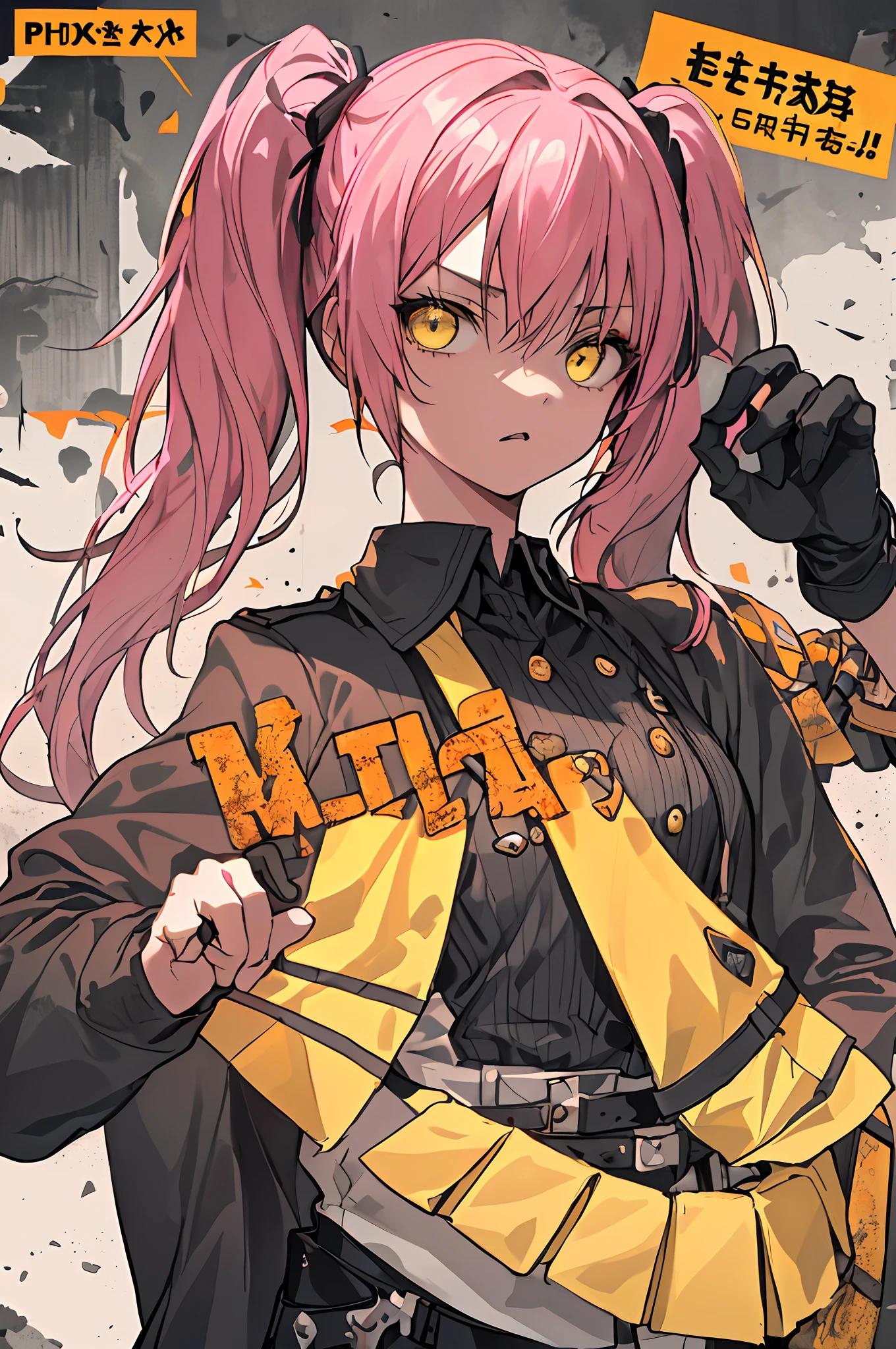 ((((Dramatic))), (((grittiness))), (((Formidable))) The center of the illustration is a young woman。She stands confidently in the center of the poster, Pink hair, long_hair, ((High twin tails)),Yellow eyes、Cute girl with yellow eyes、Cute girl with yellow eyes and hair tied with yellow rubber, Wearing,with a determined look on her face。The background is dark and gritty,There is a sense of danger and a strong feeling。The text is bold and eye-catching,With catchy slogans,Adds to the overall drama and excitement。The color palette is dominated by dark colors,Dotted with bright colors,Make the poster dynamic and visually striking, (cover-style:1.3), Fashionab, Woman, Vibrant, outfit, posing in the, front,rich colourful,dyna,Background with,element。,self-assured,Expressing the,halter,statement,attachment,An majestic,coil,Chibi,touch your pubic area,The scene,Text,Cover of a,boldness,captures the attention,Titles,Fashionab,typeface,Catchy,Titles,More big,smart、moderno、Trendy、focus-on、Fashionab、(flat-chest)