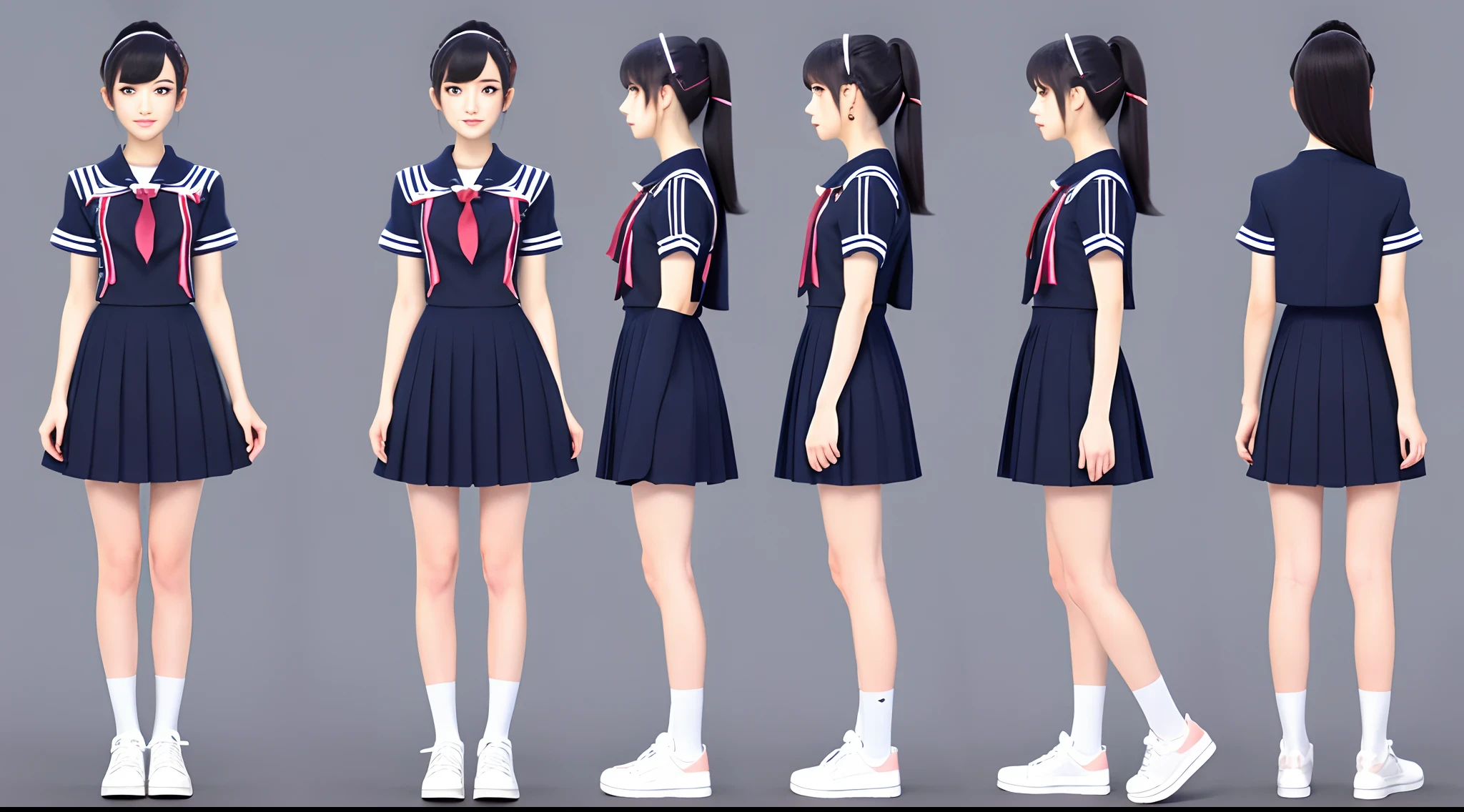 girl with,1人, 18year old,Cool, Standing Girl, three sided view, Front, back and sides, Character Sheet,Full body,Simple background,design sheet,female students,a sailor suit,dark,murky