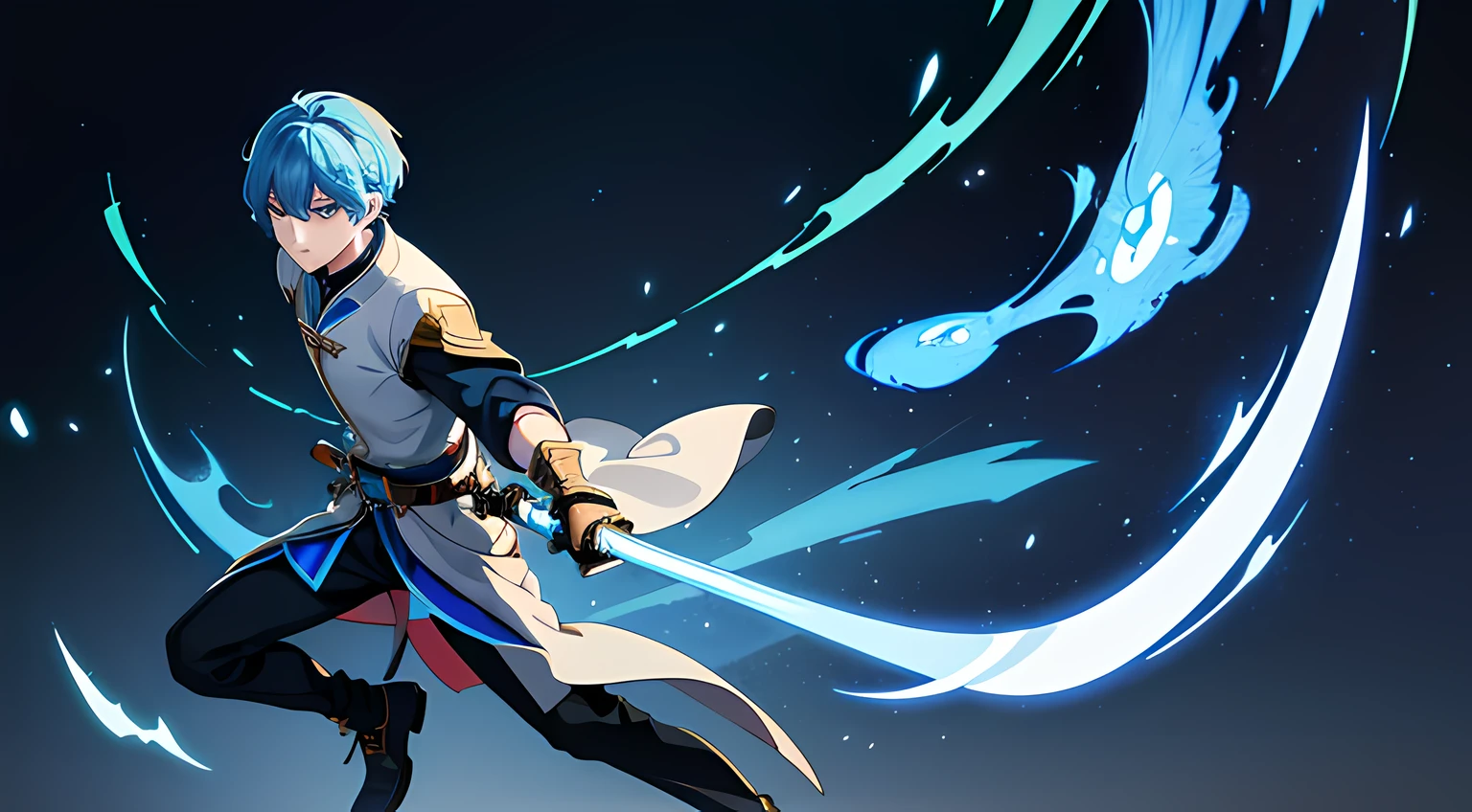 masterpiece, In a world where magic and technology exist side by side, a young man (blue hair, short hair) sets out on a journey to hone their skills and uncover the secrets of their powers, beautiful eyes finely detailed. The mage must learn to harness the full potential of their abilities and unlock the true potential of magic in the modern age. full body illustration, evil facial expression, holding a sword, he hold sword with flames coming out from his sword.
masterpiece, In a world where magic and technology exist side by side, a young man (blue hair, short hair) sets out on a journey to hone their skills and uncover the secrets of their powers, beautiful eyes finely detailed. The mage must learn to harness the full potential of their abilities and unlock the true potential of magic in the modern age. full body illustration, evil facial expression, holding a sword, he hold sword with flames coming out from his sword.