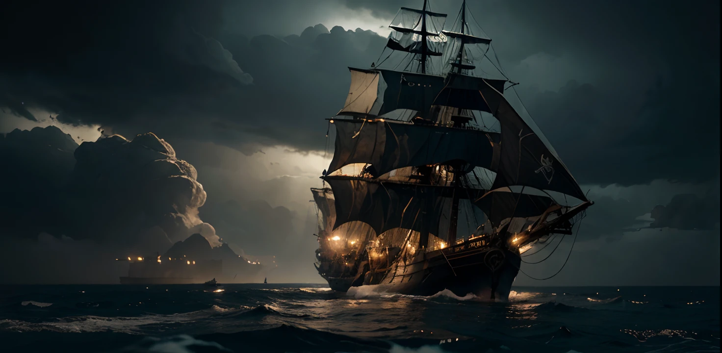 there is a man standing in the water looking at a ship, a ship lost in a storm, gothic ship on ocean, pirate ships at war at night, old pirate ship, background artwork, on a pirate ship background, dramatic nautical scene, a ship on a deserted island, dark but detailed digital art, ship at sea, an ominous fantasy illustration, dramatic concept art