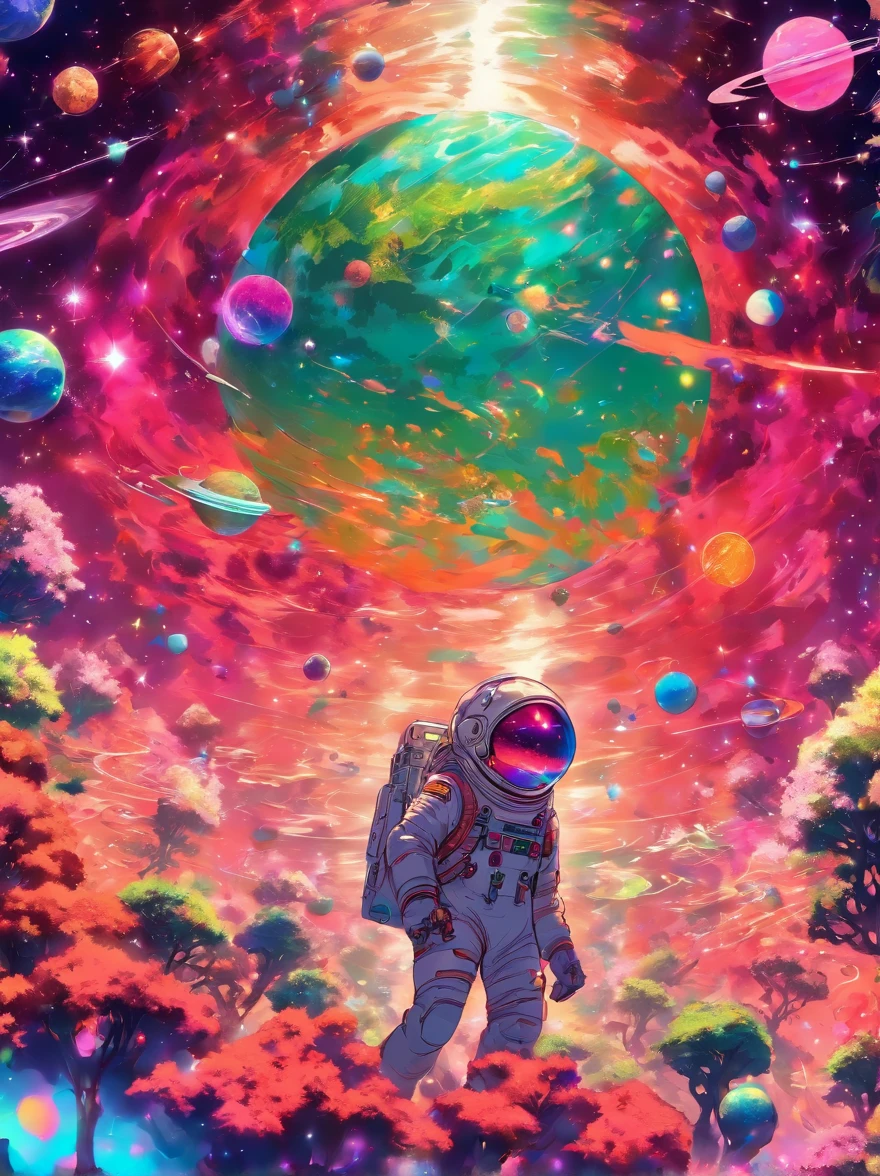 HD details, Close up of a man in a spacesuit, planets in the background, Psychedelic Cosmic Horror, psychedelic illustration, cosmic space, plants growing, The world of psychosis, Background Space Graphic Art, Space Illustration, cosmic space, Cosmic LSD Poster Art, DMT space behind, Space Scene, Surreal space, Space style