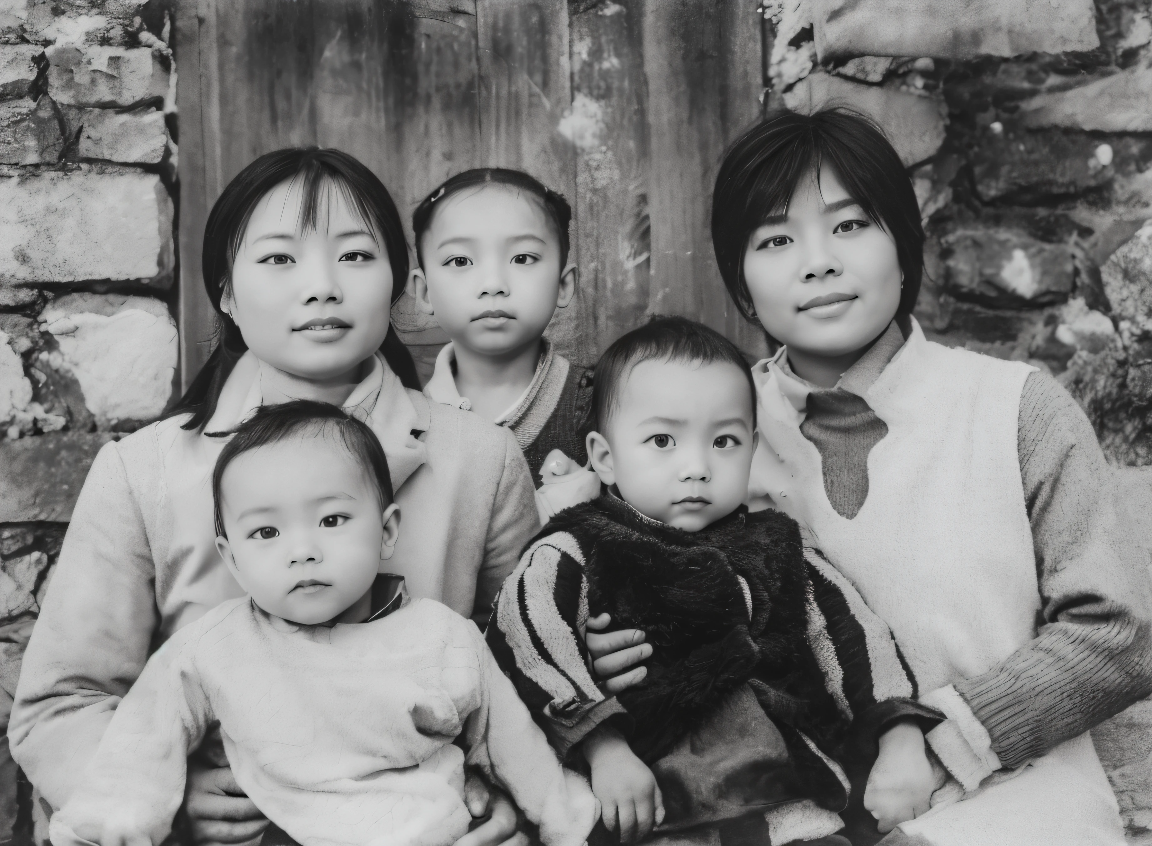 Black and white photos of Chinese people，Two ladies and three  boys，Facial emaciation，without a beard，Good facial features，Symmetrical facial features，The ears are symmetrical and clear，Super clear and lifelike facial features，The texture of the clothes is clear，Ultra-clear texture，Camera shooting effect，Light and shadow are natural，symmetrical clothes，Collar symmetry and coordination，Ultra-clear and lifelike 8K，Very detailed eyes and face，hyper-detailing，k hd，The is very detailed，best qualtiy，tmasterpiece，，realisticlying，Realiy，8k wallpaper，Background is stone wall and wooden door，Background details of foreground objects（tmasterpiece： 1.2） （realisticlying：1.2）（bokeh：1.2）（Best quality at best）（colorgrading）（detailedskin：1.3）（复杂）（8K）（short film lighting：1.3）（Sharp focus）， Glossy glossy skin， Front Ultra HD， digital SLR camera， gentlesoftlighting， high high quality， skin textures， filmgrain， closeup cleavage， 超高分辨率，