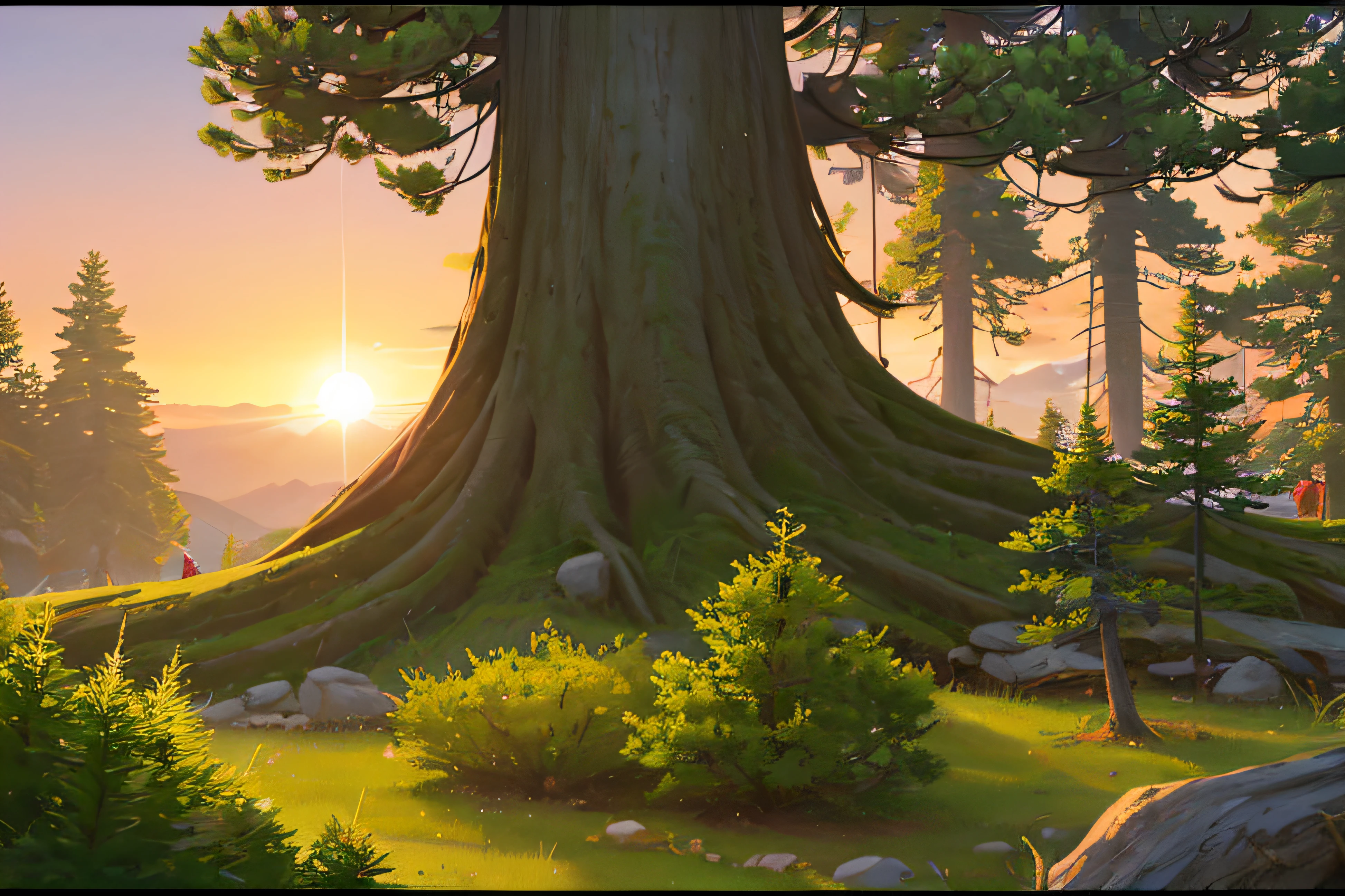 (((When the sun sets))), (((Curved little pine tree))), (((Short, curved old pines as tall as a man))), (((The end of the tree is visible on the screen))), Flat feeling without vanishing point perspective, photorealistic lighting, high-definition details, masterpiece, Best quality at best, (Highly detailed CG integrated 8k wallpaper), (Top Quality), A small pine tree planted in the garden, short pine tree