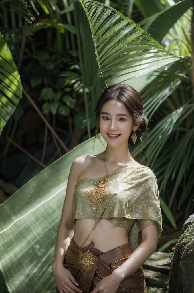 8k, masterpiece, RAW photo, best quality, photorealistic, extremely detailed CG unity 8k wallpaper, Depth of field, Cinematic Light, Lens Flare, Ray tracing, (extremely beautiful face, beautiful lips, beautiful eyes), intricate detail face, ((ultra detailed skin)), (liuyifei:0.2) 1girl, deep shadow, pretty girl, (very slim slender fit-muscled body:1.3), ((looking at viewer)), (big smile:1.3), clear eyes, front shot, (pale skin), (big eyes), face forward, (brown hairs), very slim, small breasts, BREAK (dark color long sabai:1.4), traditional thai dress, (jewelry:1.3), (navel), BREAK in dark tropical_forest, (cave, hard light, light rays, dappled light, ray tracing:1.6), shadows, water reflection,