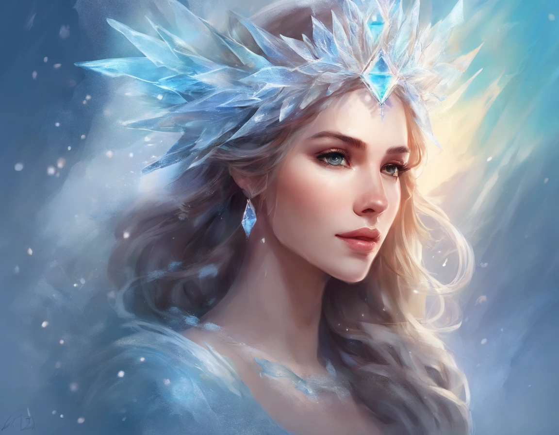 Portrait of a Young Woman, ice princess, with big ice crystals and snow in her hair, cool winter colors, brush stroke painting, ultra-deales HD quality