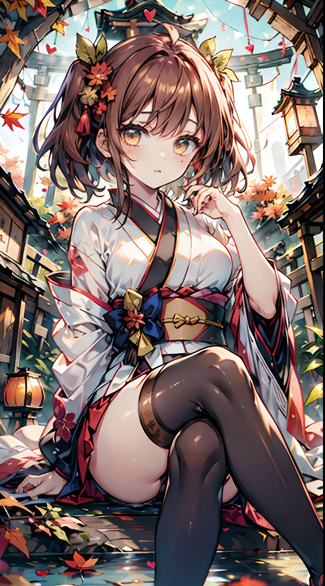 1girl,thighhighs,sitting,solo,heart,long_hair,red_hair,black_legwear,twintails,blurry,depth_of_field,japanese_clothes,kimono,leaf,maple_leaf,blurry_background,autumn_leaves,hand_fan,short_hair,mask,blurry_foreground,brown_hair,looking_at_viewer,lantern,paper_lantern,solo,sash,holding,multiple_torii,