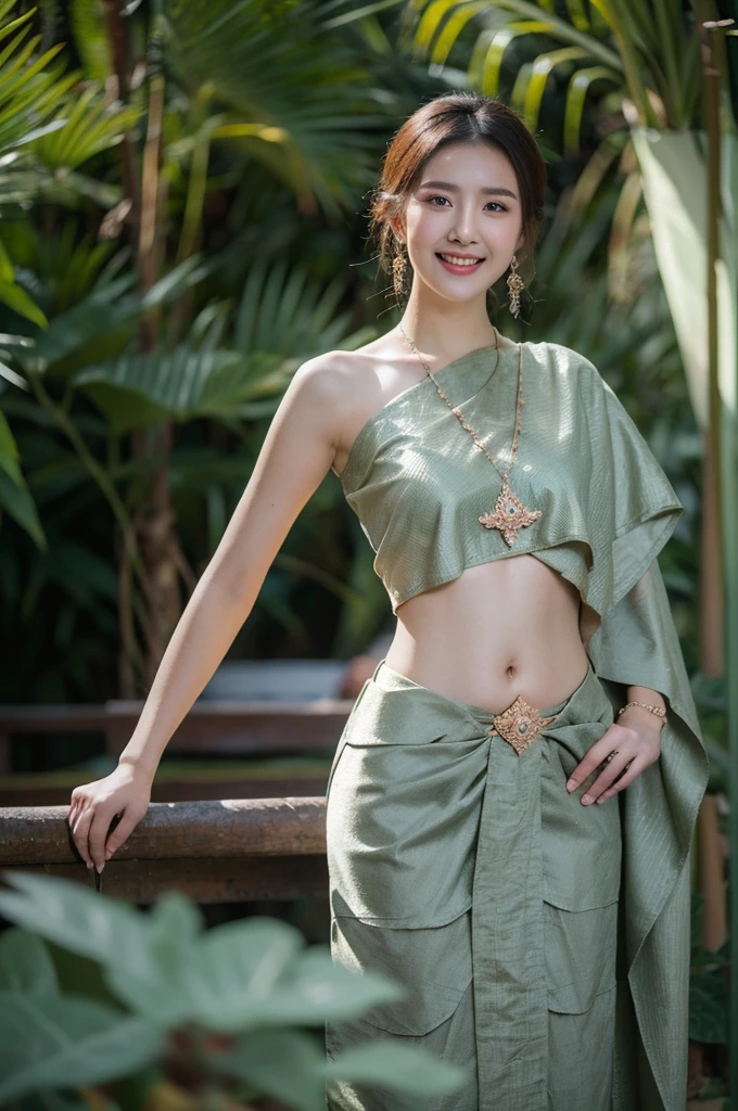 8k, masterpiece, RAW photo, best quality, photorealistic, extremely detailed CG unity 8k wallpaper, Depth of field, Cinematic Light, Lens Flare, Ray tracing, (extremely beautiful face, beautiful lips, beautiful eyes), intricate detail face, ((ultra detailed skin)), (liuyifei:0.2) 1girl, deep shadow, pretty girl, (very slim slender fit-muscled body:1.3), ((looking at viewer)), (big smile:1.3), clear eyes, front shot, (pale skin), (big eyes), face forward, (brown hairs), very slim, small breasts, BREAK (dark colorful long sabai:1.4), traditional thai dress, (jewelry:1.3), (navel), BREAK in dark tropical_forest, colorful_tropical_flower, (hard light, light rays, dappled light, shadows, Lens Flare, ray tracing:1.6),