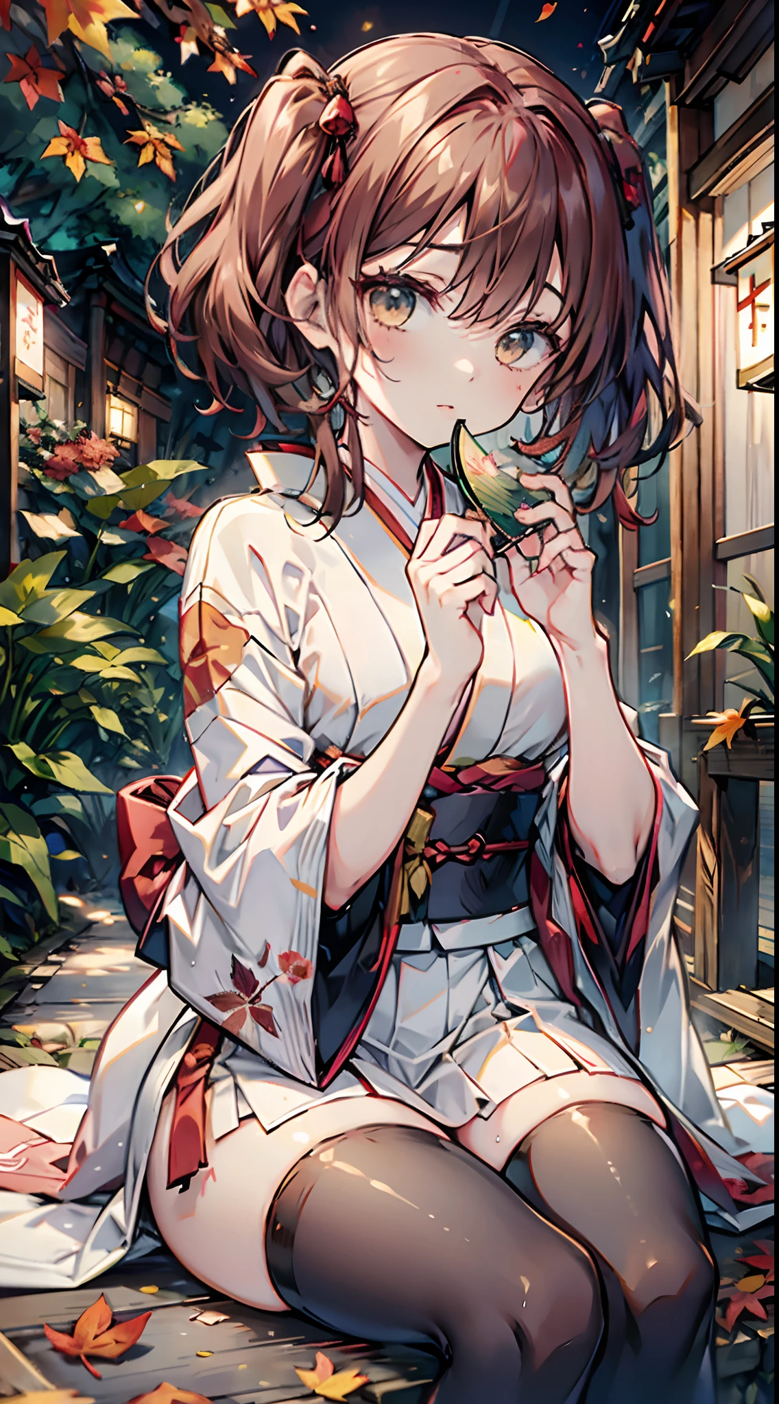 1girl,thighhighs,sitting,solo,heart,long_hair,red_hair,black_legwear,twintails,blurry,depth_of_field,japanese_clothes,kimono,leaf,maple_leaf,blurry_background,autumn_leaves,hand_fan,short_hair,mask,blurry_foreground,brown_hair,looking_at_viewer,lantern,paper_lantern,solo,sash,holding,multiple_torii,