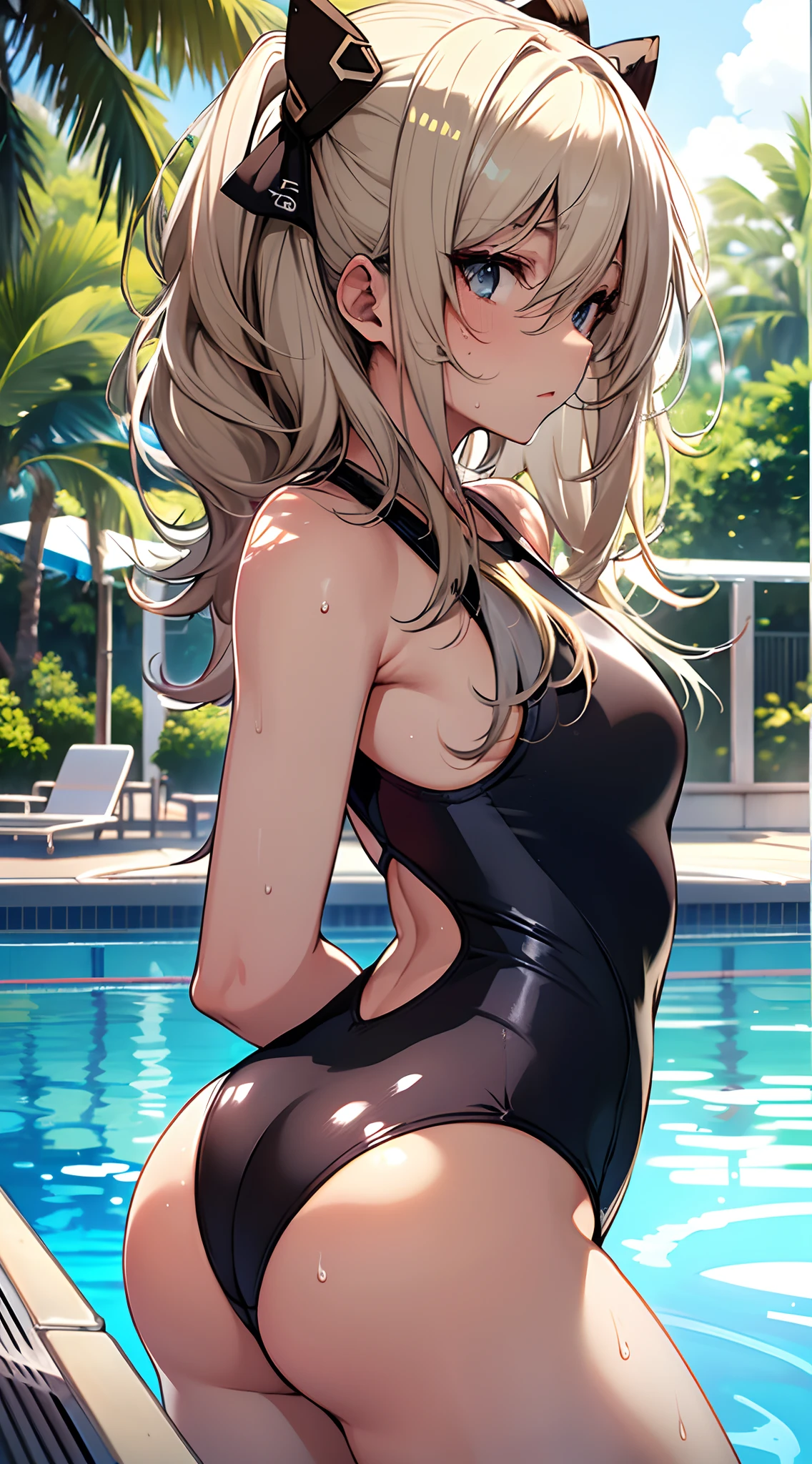 top-quality、supreme１People Girls,hightquality,A detailed face、A detailed eye、Detailed nose、Detailed mouth、 Beautiful expression, ((masuter piece)), ((High resolution)), ((Best Quality)), detail, ((Skin shiny with sweat)), (Competitive swimsuit:1.2)、 girl with, a blond, (Half Twin Tail)、((posterior view:1.3、s ass))、fair white skin:1.3、、Smaller chest, cinmatic lighting, perfectly shaded,(((in poolside))), Realistic lighting with shades,Reflecting the whole body