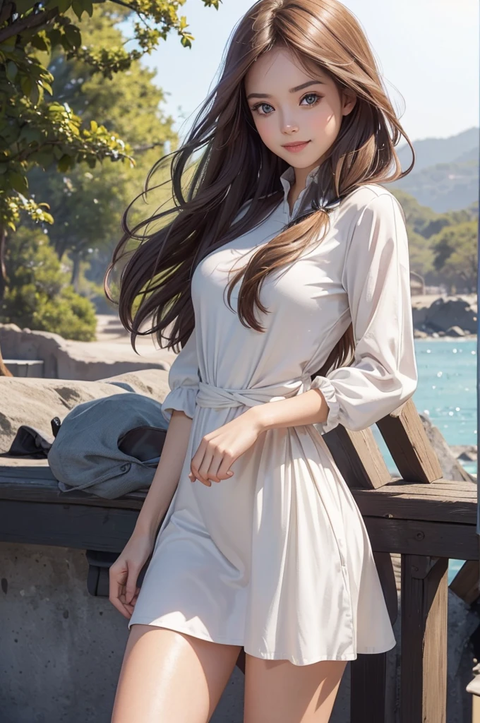 Generate an image of a beautiful girl wearing leggings, tight and a beautiful dress. The girl should have symmetrical features, proportioned facial features, clear skin, healthy teeth and hair, and expressive eyes. The girl should have a warm smile and be dressed in a stylish outfit. The background should be a scenic location, such as a beach or a park.

Here are some additional details that you can include in the prompt:

The girl should have long, flowing hair.
The girl should have bright, sparkling eyes.
The girl should have a full, natural-looking smile.
The girl should be wearing a fashionable outfit that complements her features.
The background should be a beautiful and relaxing setting.