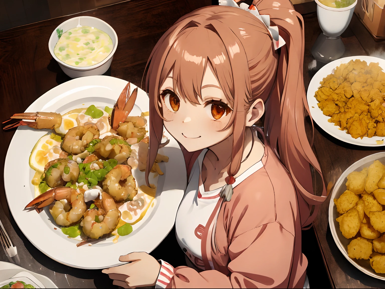 home dining,There&#39;There are many dishes on the plate in front of you....,Fried shrimp,Fried shrimp,Fried shrimp,Tartar sauce,look at food as if you were about to eat it,A smile,Slight red tide,fluffy hair,Light brown ponytail,Pigtails,Braids,bright-colored long-sleeved clothes,