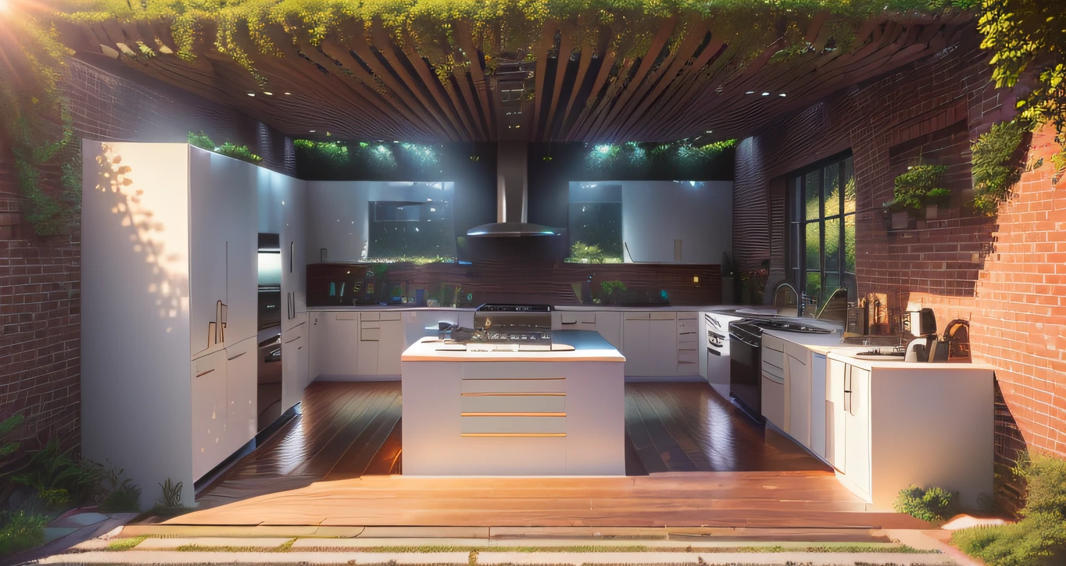 Masterpiece, Realistic images, extremely detailed, a modern house, 1 road in font of house, large yard made by ceramic, (1 car), brick fence, lawn, a few small flowers, a road in front of the house, main materials of the house are white walls and red brick, (((Modern design, clear blue sky, sunrise light, light from inside, dynamic light,shimering light, cinematic light, romantic feeling, day light)))