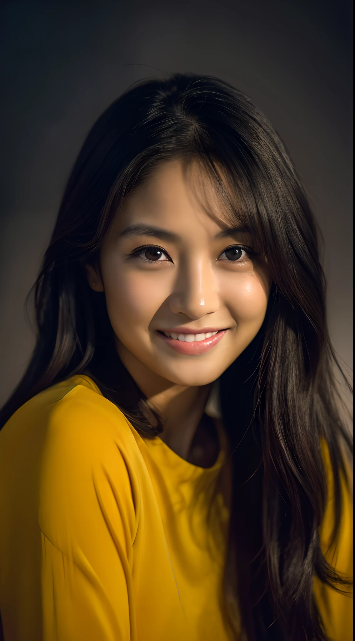 A close up of a woman with long hair and a yellow shirt - SeaArt AI