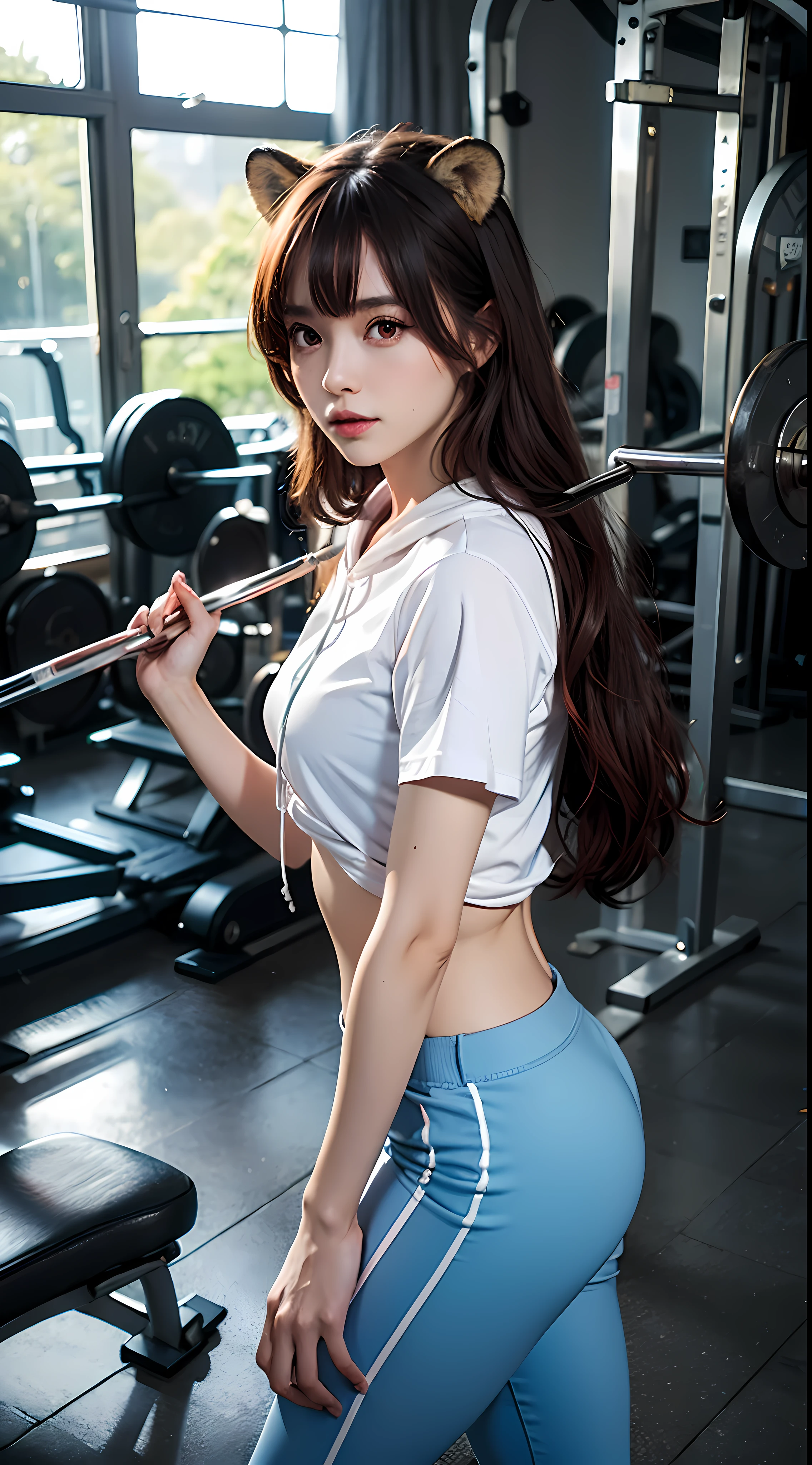 raphtalia, animal ears, brown hair, long hair, raccoon ears, raccoon girl, raccoon tail, (red eyes:1.5), tail, beautiful woman, beautiful, perfect body, perfect breasts, wearing white Adidas hoodie, black jogger pants, wearing light blue Nike Jordan shoes, in the gym, barbell, looking at viewer, small smile, realism, masterpiece, textured leather, super detailed, high detail, high quality, best quality, 1080p, 16k