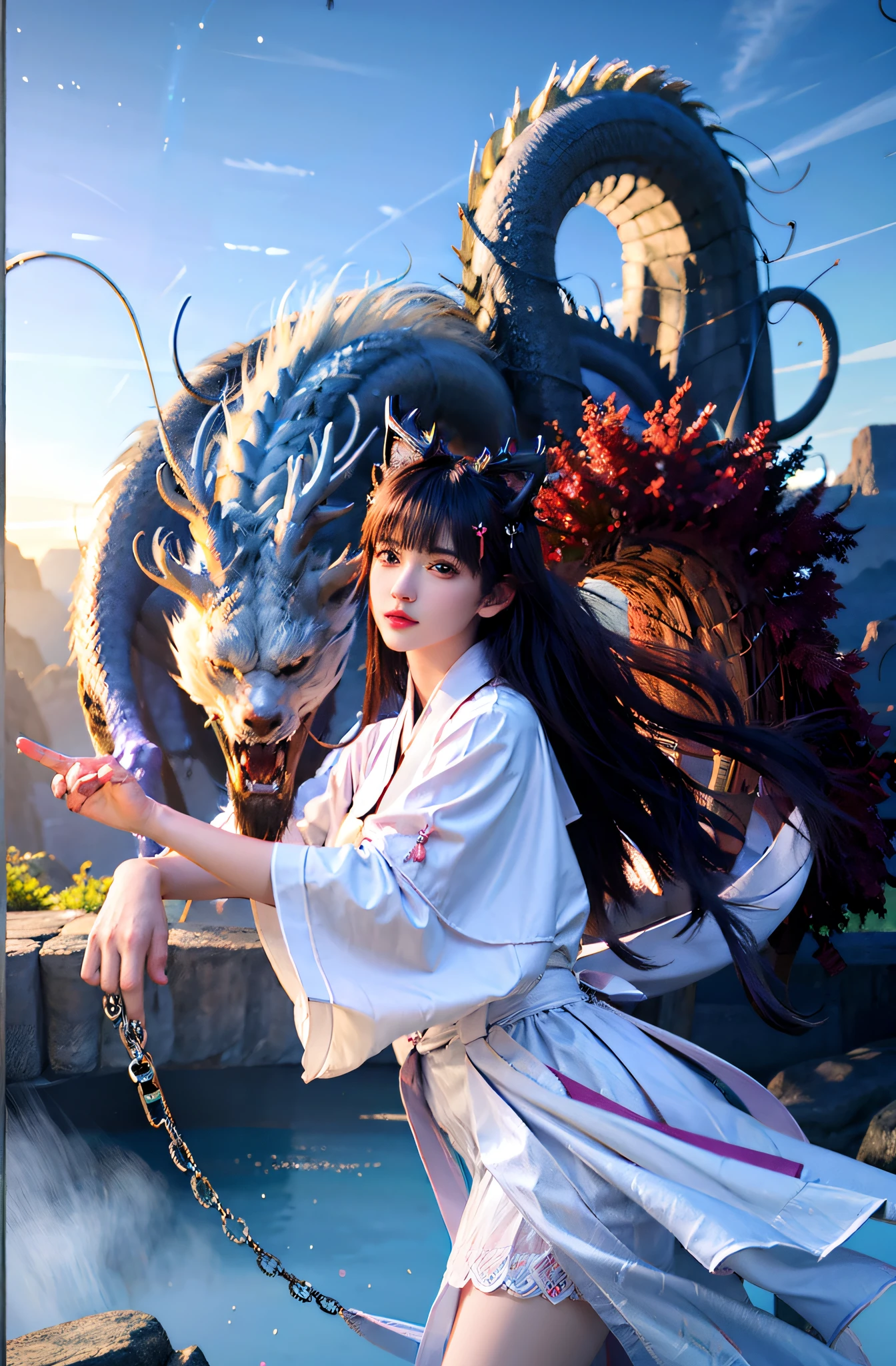 wonderland style,Animation special effects clear thunder dragon sword。Real person photos,Girl with perfect body,Charming lemon look,Sharp eyes,clear fog,Hand holding clear thunder dragon sword「long handle,Blade Dragon Blade,Bright,」Mo Jian,Asian girl wearing gorgeous evening dress(Sexy),masterpiece,HDR,Background 9000 numbers