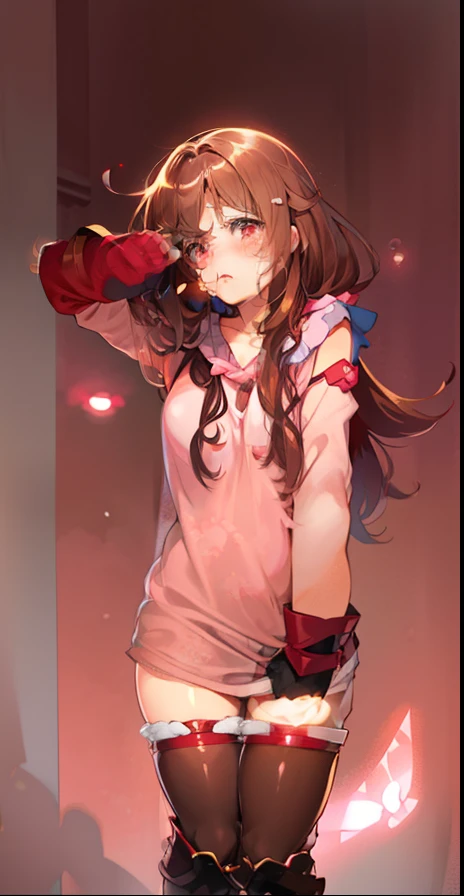 blush, cleavage, ,brown hair, red eyes, red fingerless gloves,glowing aura, natural light, masterpiece, glossy skin, juicy lips ,long hair, cute, kawaii, adorable, reaching up, adult, cuddle, kawaii clothes,random hair style, random clothes, sad, crying, upset