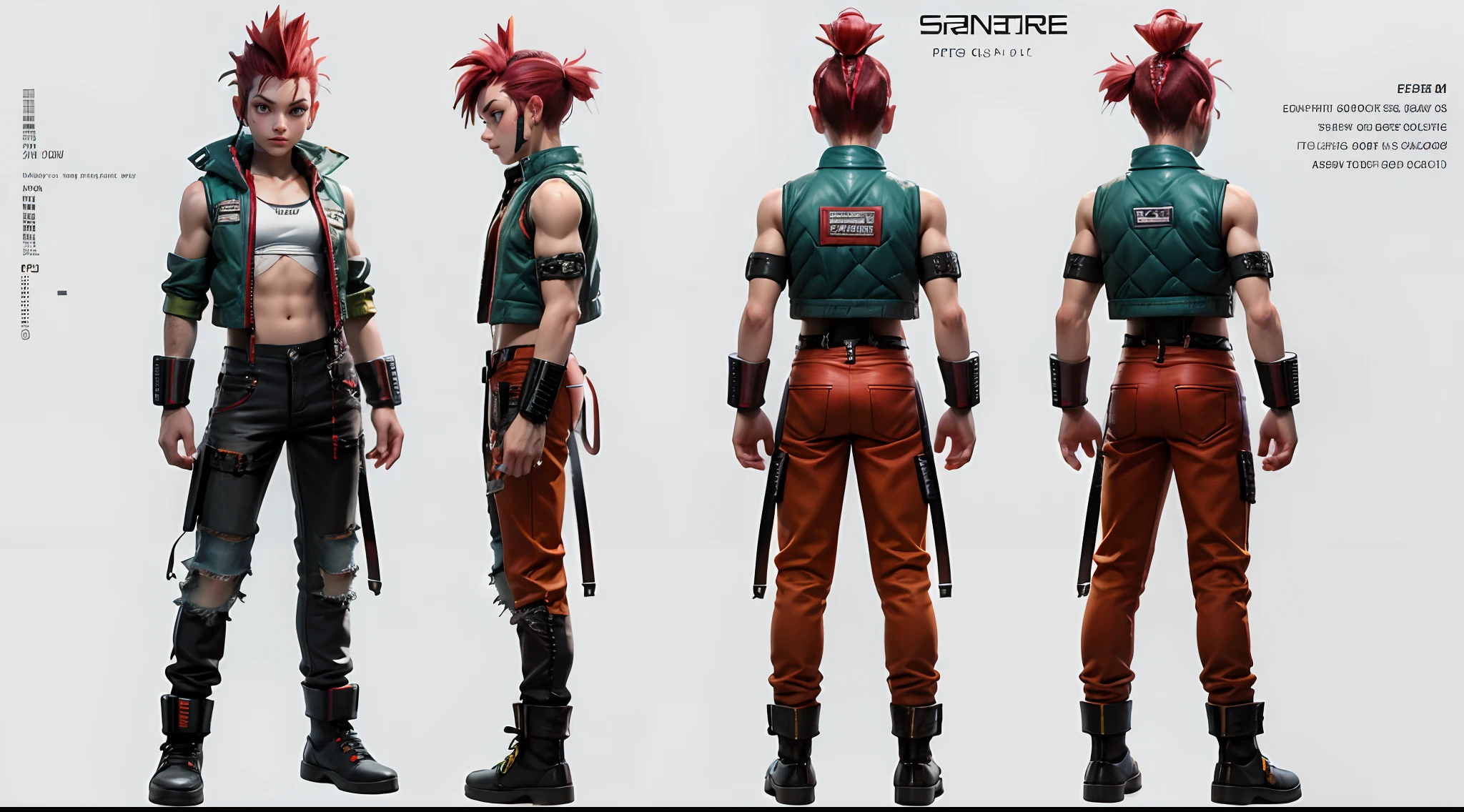 Boy with a long red mohawk, green vest, Yellow pants, cyberpunk , Standing, 3 Displaying drawings, Front, left side and back, Character Sheet, Full body, Simple white background, character reference sheet, Concept art, design sheet, Character Design, full body adoptable