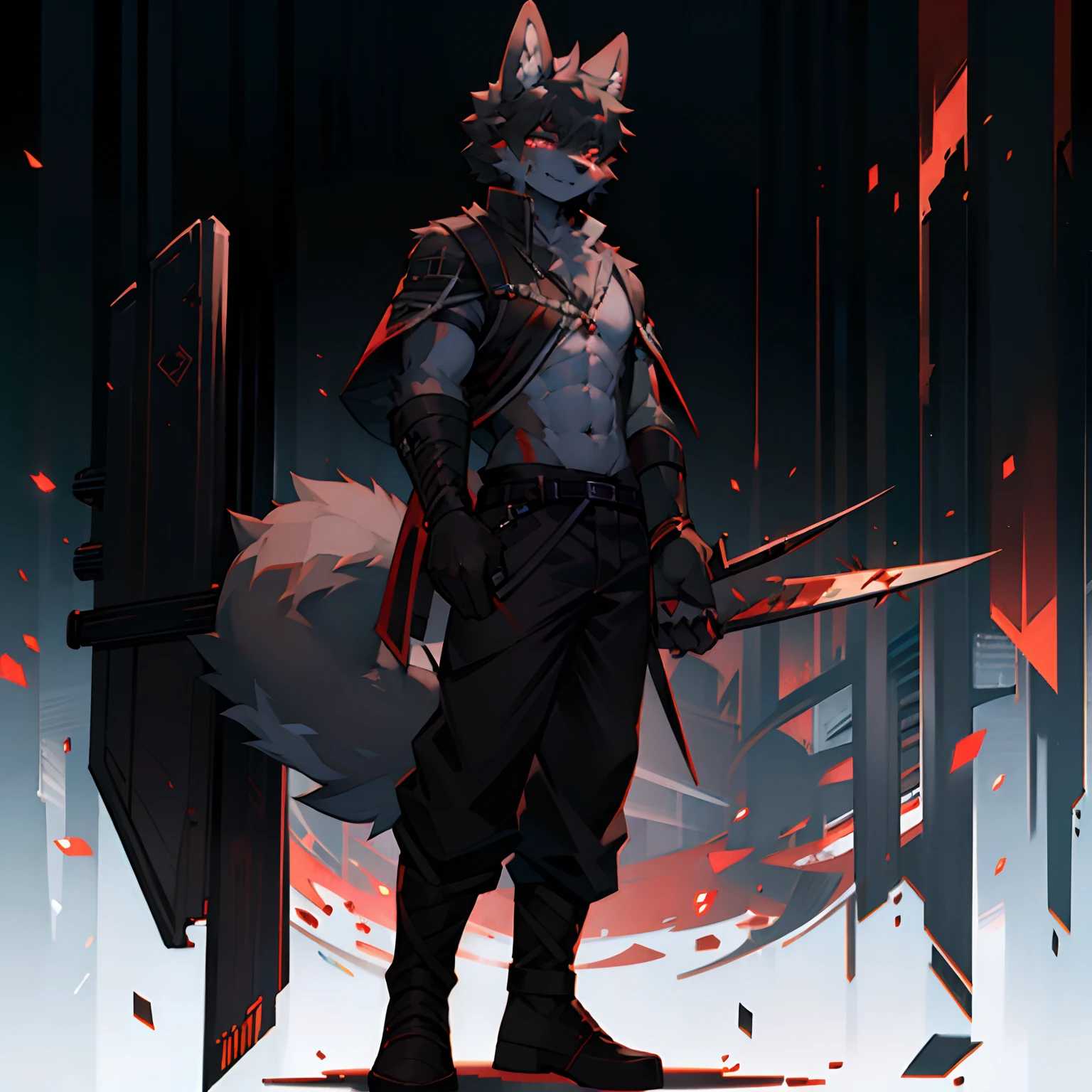 Libido boy,Canine ears,assassins,shaggy,large tail,Gray-black hair,Wearing open black clothes on the upper body,Blood-red eyes,Height one meter eight,Handsome,Chasing targets in the forest,Dagger in hand