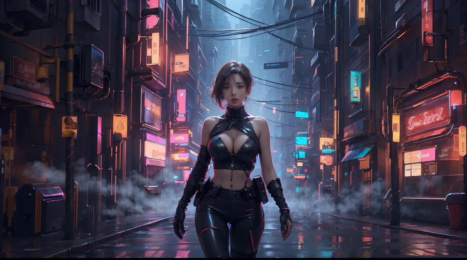 1 policeman,Solo,(3D realistic), Cold,mediuml breasts,(cleavage),tight leather clothes,cropped shoulders, hyper HD, 8K,dramatics,(Mid-range portrait),looking to the camera,The city of the future,street corner,the night,Sateen,volume fog,steamy,cyber punk perssonage