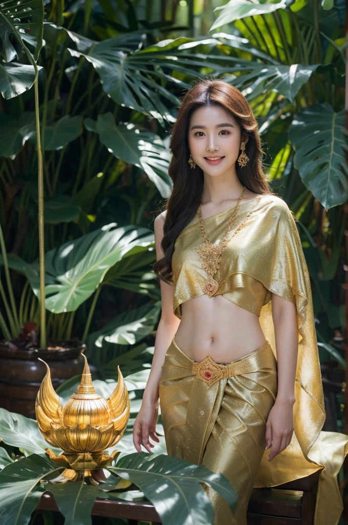 8k, masterpiece, RAW photo, best quality, photorealistic, extremely detailed CG unity 8k wallpaper, Depth of field, Cinematic Light, Lens Flare, Ray tracing, (extremely beautiful face, beautiful lips, beautiful eyes), intricate detail face, ((ultra detailed skin)), (liuyifei:0.2) 1girl, deep shadow, pretty girl, (very slim slender fit-muscled body:1.3), ((looking at viewer)), (big smile:1.3), clear eyes, front shot, (pale skin), (big eyes), face forward, (brown hairs), very slim, small breasts, BREAK (dark red long sabai:1.4), traditional thai dress, (jewelry:1.3), (navel), BREAK in dark tropical_forest, tropical_flower, (sun raise, hard light, light rays, dappled light, shadows, ray tracing:1.6),