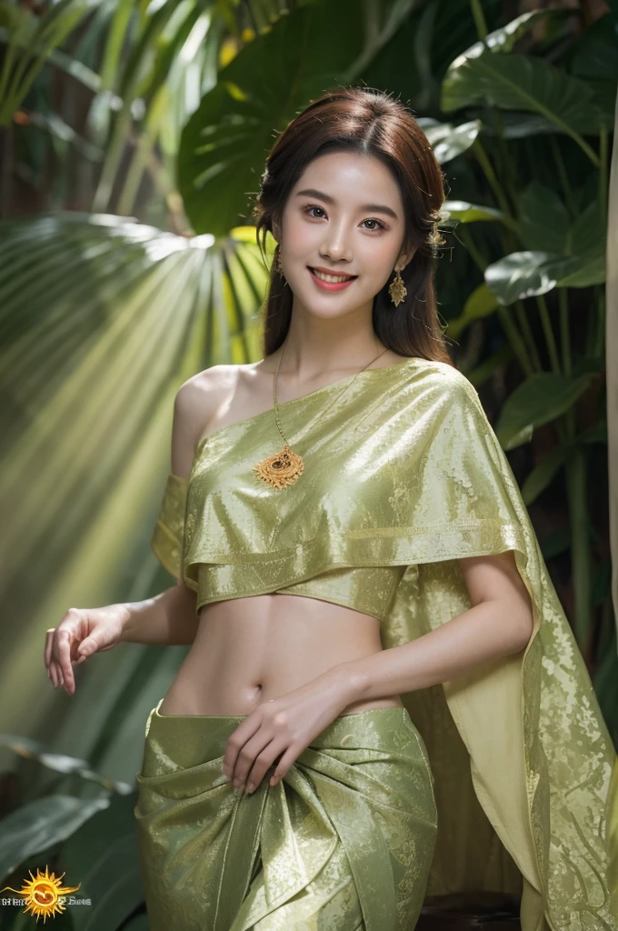 8k, masterpiece, RAW photo, best quality, photorealistic, extremely detailed CG unity 8k wallpaper, Depth of field, Cinematic Light, Lens Flare, Ray tracing, (extremely beautiful face, beautiful lips, beautiful eyes), intricate detail face, ((ultra detailed skin)), (liuyifei:0.2) 1girl, deep shadow, pretty girl, (very slim slender fit-muscled body:1.3), ((looking at viewer)), (big smile:1.3), clear eyes, front shot, (pale skin), (big eyes), face forward, (brown hairs), very slim, small breasts, BREAK (dark red long sabai:1.4), traditional thai dress, (jewelry:1.3), (navel), BREAK in dark tropical_forest, tropical_flower, (sun raise, hard light, light rays, dappled light, shadows, ray tracing:1.6),