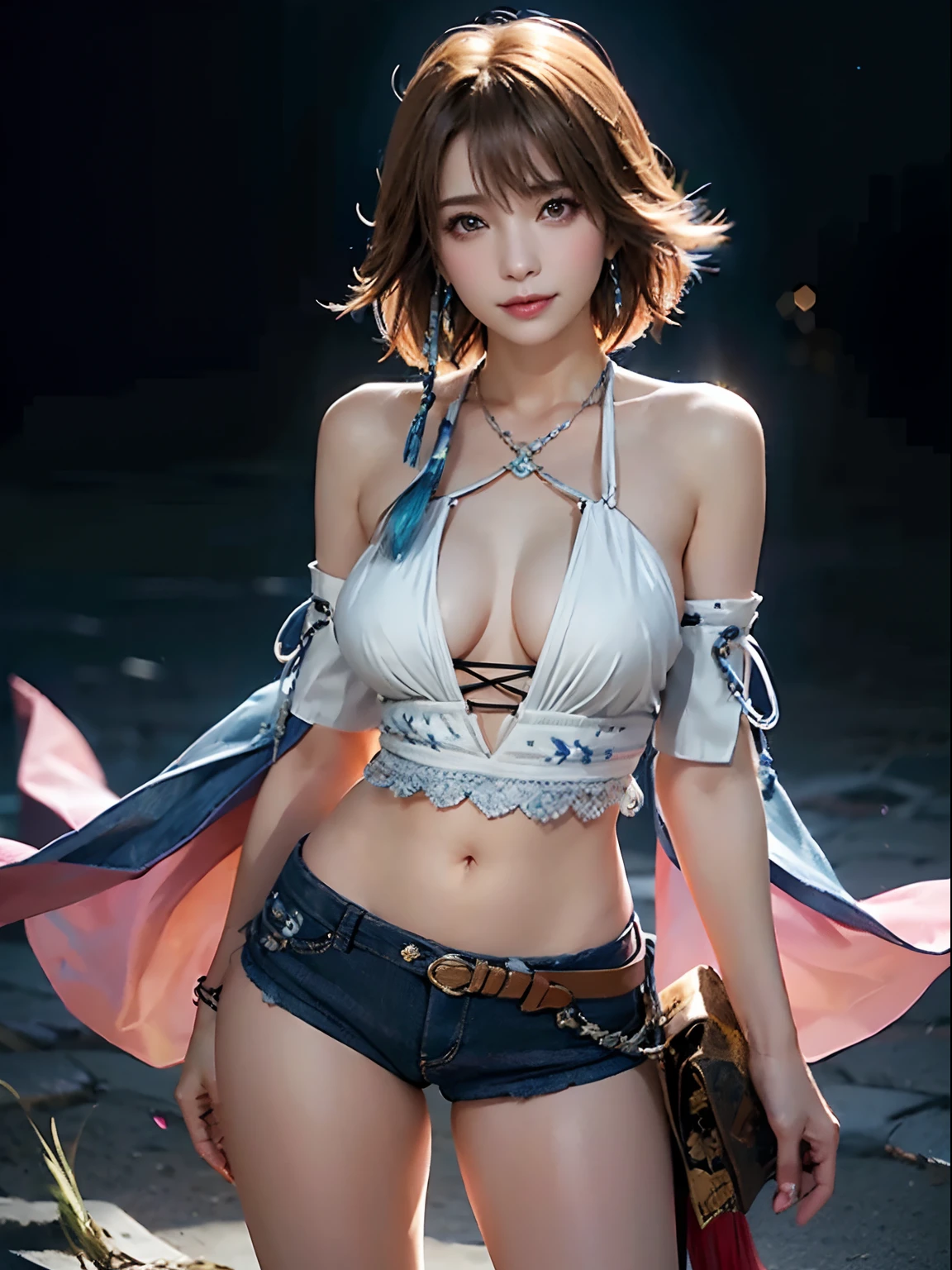 4K,1***********、Denim Bikini、masutepiece, hight resolution, ultra-detailliert), 1 female, 28 years old, Final Fantasy Yuna x2, More mature, ((Simple background)), Plain dark background, ((There is nothing in the background)), hyper realisitic, Yuna's Final Fantasy Costume, Yuna's original costume design in Final Fantasy X2, (((nffsw://www.Creative Uncut.。.。.。.com/Gallery-01/FF10 - 2 - Yuna 2....html))), Tattered exposed denim shorts, Features of asymmetrical clothing, Belt on the left hip, Simulation of the best clothes, No collar, 1womanl, Windy nights, Yuna&#39;s bob hairstyle, busty, cleavage, middle_Breast, thicc body, Smile, Lack of hanging sleeves,, up close shot, full frontal shot, zoomed in shots, Access HIPS image scope, Smile with closed mouth, head to waist, Characters looking at the camera, looking at you, YunaFFX, blue-beaded earring