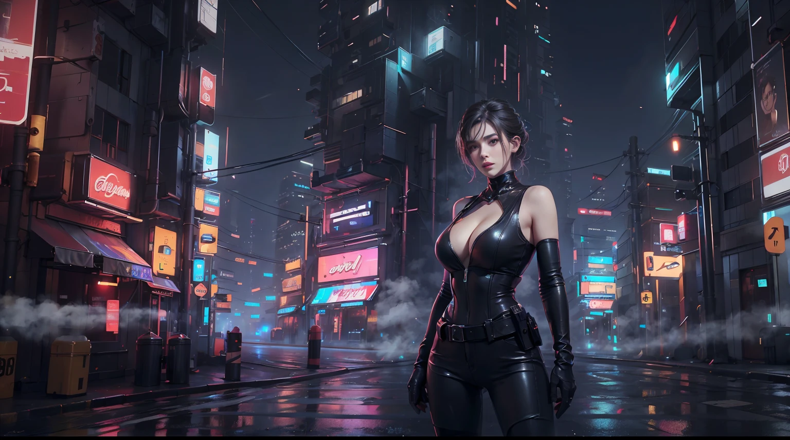 1 policeman,Solo,(3D realistic), Cold,mediuml breasts,(cleavage),tight leather clothes,cropped shoulders, hyper HD, 8K,dramatics,(Mid-range portrait),looking to the camera,The city of the future,street corner,the night,Sateen,volume fog,steamy,cyber punk perssonage