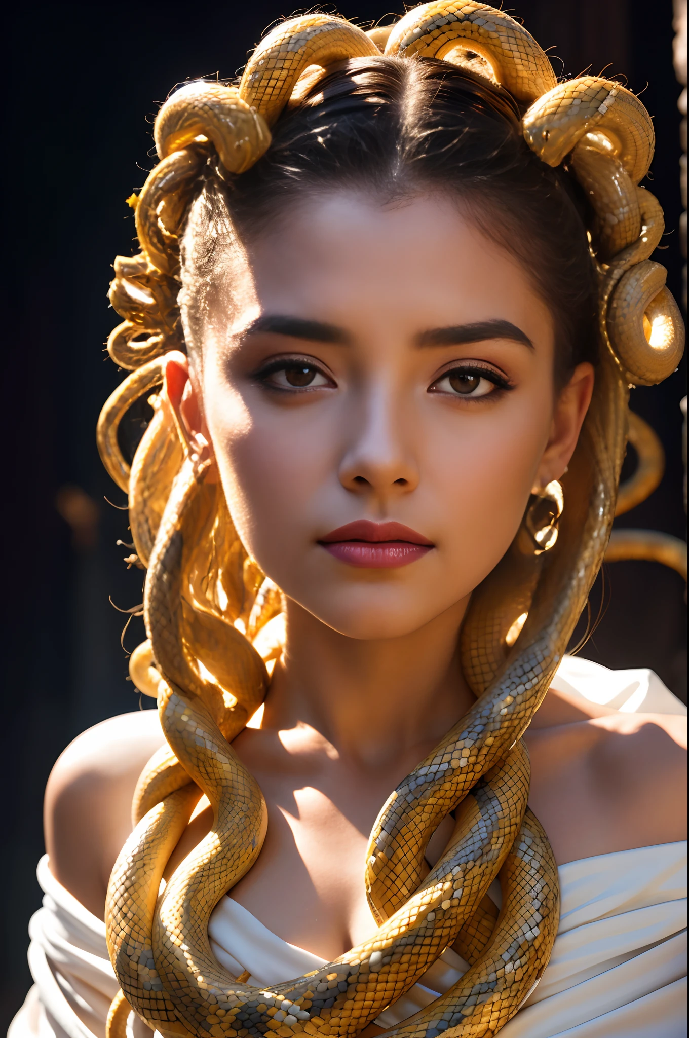A beauttiful medusa woman wearing a white toga, she has snakes for hair ,best quality masterpiece, realistic photo, intricately detailed, 8k, HDR, shallow depth of field, wide light, high contrast, backlight, light flares, chromatic aberration, sharp focus, RAW color photo, looking at the camera, various poses