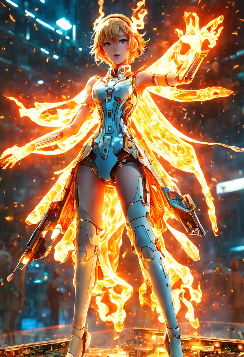 (masutepiece, High quality, Best Quality, Official art, Beauty and aesthetics:1.2),(fire element:1.1),Composed of fire elements,(1girl in:1.45),(Gundam:0.6),Highly realistic,Graceful poses,Transparency,Sci-Fi Light Effects,(Illuminated circuit board:1.6),nffsw,Dress,loimu,spaceships、missile