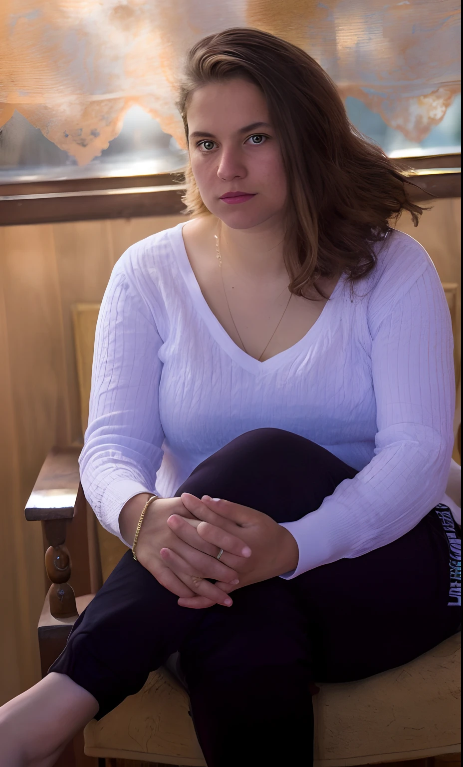 A woman is sitting on a chair, Cross-legged, portrait 4 / 3, sitting on top a table, sitting on wooden chair, mid shot portrait, 50mm portrait, portait image, deep in thought, woman is sitting, casually sitting down, dressed in a white t shirt, portait image, dressed in a white shirt, & her expression is solemn