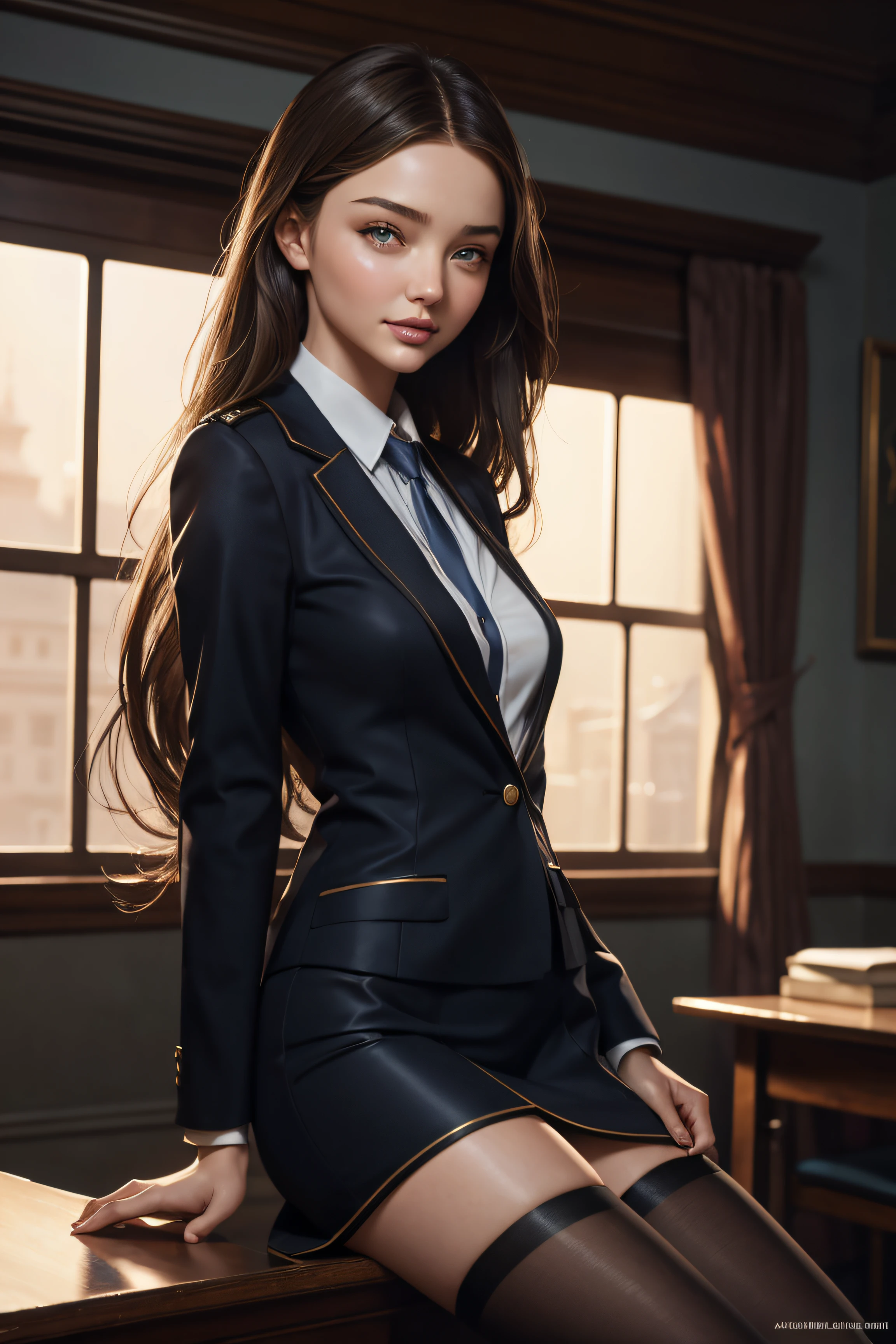 Miranda Kerr, sexy school uniform, character portrait, 4 9 9 0 s, long hair, intricate, elegant, highly detailed, digital painting, artstation, concept art, smooth, sharp focus, illustration, art by wlop, charlie bowater and alexandra fomina
