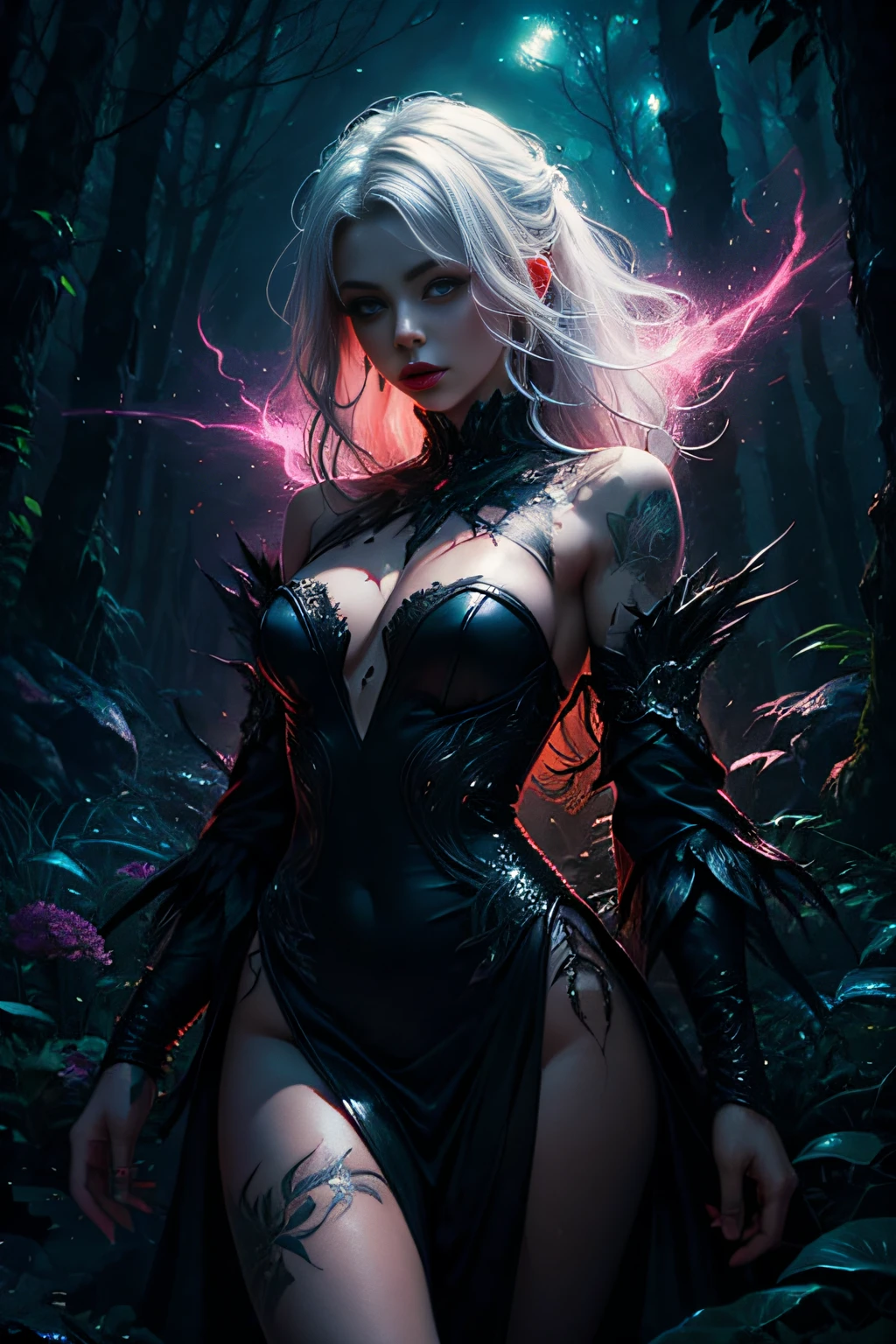 dark forest in background, colorful, Aurora, mythical, erotic pose, pore white hair, small tits, big eyes, body covered with tattoo, red lips, erotic, dark light, black dress ,glowing light