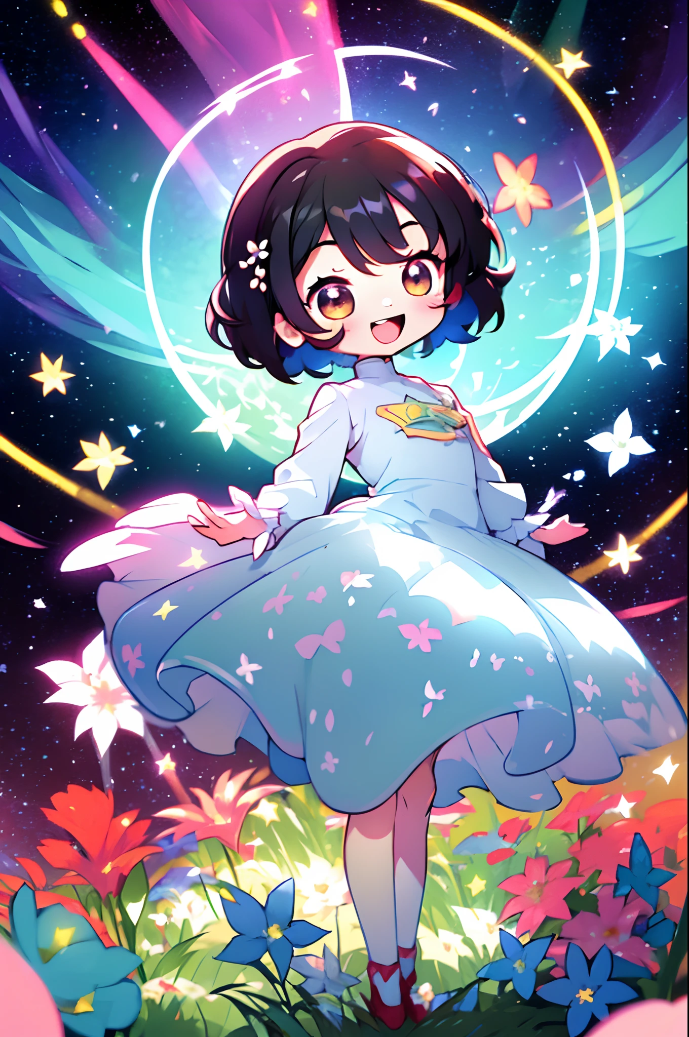 Extremely detailed,(Fractal Art:1.1),(Colorful:1.1)(Flowers:1.3)、 (Dynamic Pose), (Abstract background:1.3)、(Many colors:1.4)、Place one small doll on a circular stand、kawaii pose、A smile、A dark-haired、Chibi Doll、Stars in the eyes(kirakira)、Singing with microphone in hand、Eye Up、Laugh、Cute red shoes、Ultra Detail, radiant light、bio luminescent、Stronger bokeh effect、Taken from the side