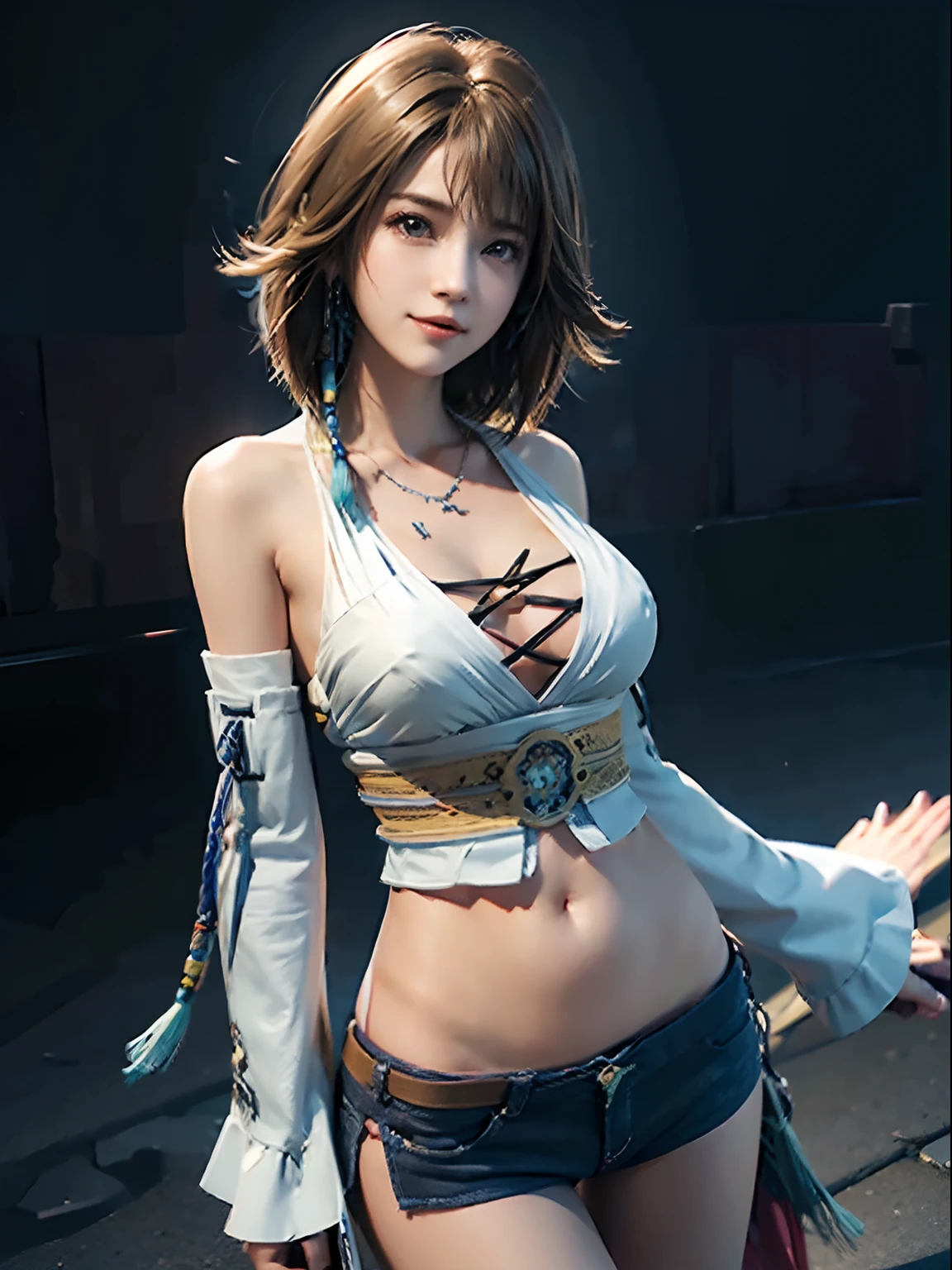 4K,1little girl、Denim Bikini、masutepiece, hight resolution, ultra-detailliert), 1 female, 28 years old, Final Fantasy Yuna x2, More mature, ((Simple background)), Plain dark background, ((There is nothing in the background)), hyper realisitic, Yuna's Final Fantasy Costume, Yuna's original costume design in Final Fantasy X2, (((nffsw://www.Creative Uncut.。.。.。.。.com/Gallery-01/FF10 - 2 - Yuna 2.....html))), Tattered exposed denim shorts, Features of asymmetrical clothing, Belt on the left hip, Simulation of the best clothes, No collar, 1womanl, Windy nights, Yuna&#39;Bob hairstyle, busty, cleavage, middle_Breast, thicc body, Smile, Lack of hanging sleeves,, up close shot, full frontal shot, zoomed in shots, Access HIPS image scope, Smile with closed mouth, head to waist, Characters looking at the camera, looking at you, YunaFFX, blue-beaded earring