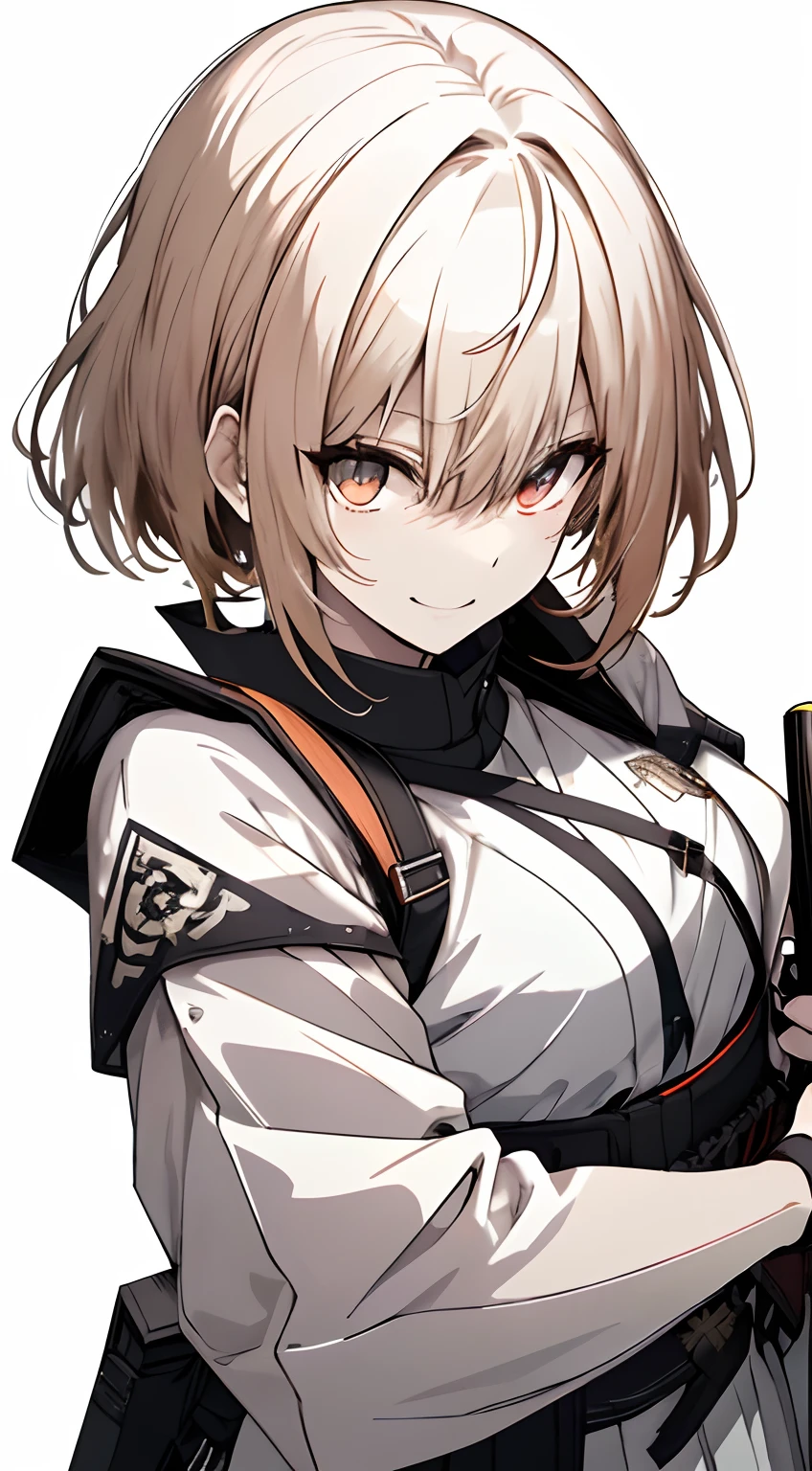 Full body, White one-piece military uniform, Jet black head of hair,(masutepiece:1.2, Best Quality), (finely detailed beautiful eye: 1.2), (beautifull detailed face), High contrast, (Best Illumination, extremely delicate and beautiful), ((Cinematic Light)), Dramatic light, Intricate details,dark orange eyes, Shining eyes,Short stature, Smaller chest、Belt under the chest、White military uniform, White skirt,blonde hair, Black tie, (Pale white background:1.5), Wolf cut hair, accurate hands, Look at me and smile, ruddy skin, Japanese Katana Sword, Samurai sword,