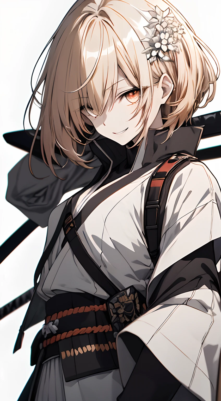 Full body, White one-piece military uniform, Jet black head of hair,(masutepiece:1.2, Best Quality), (finely detailed beautiful eye: 1.2), (beautifull detailed face), High contrast, (Best Illumination, extremely delicate and beautiful), ((Cinematic Light)), Dramatic light, Intricate details,dark orange eyes, Shining eyes,Short stature, Smaller chest、Belt under the chest、White military uniform, White skirt,blonde  hair, Black tie,  (Pale white background:1.5), Wolf cut hair, accurate hands, Look at me and smile, ruddy skin, Japanese Katana Sword, Samurai sword,