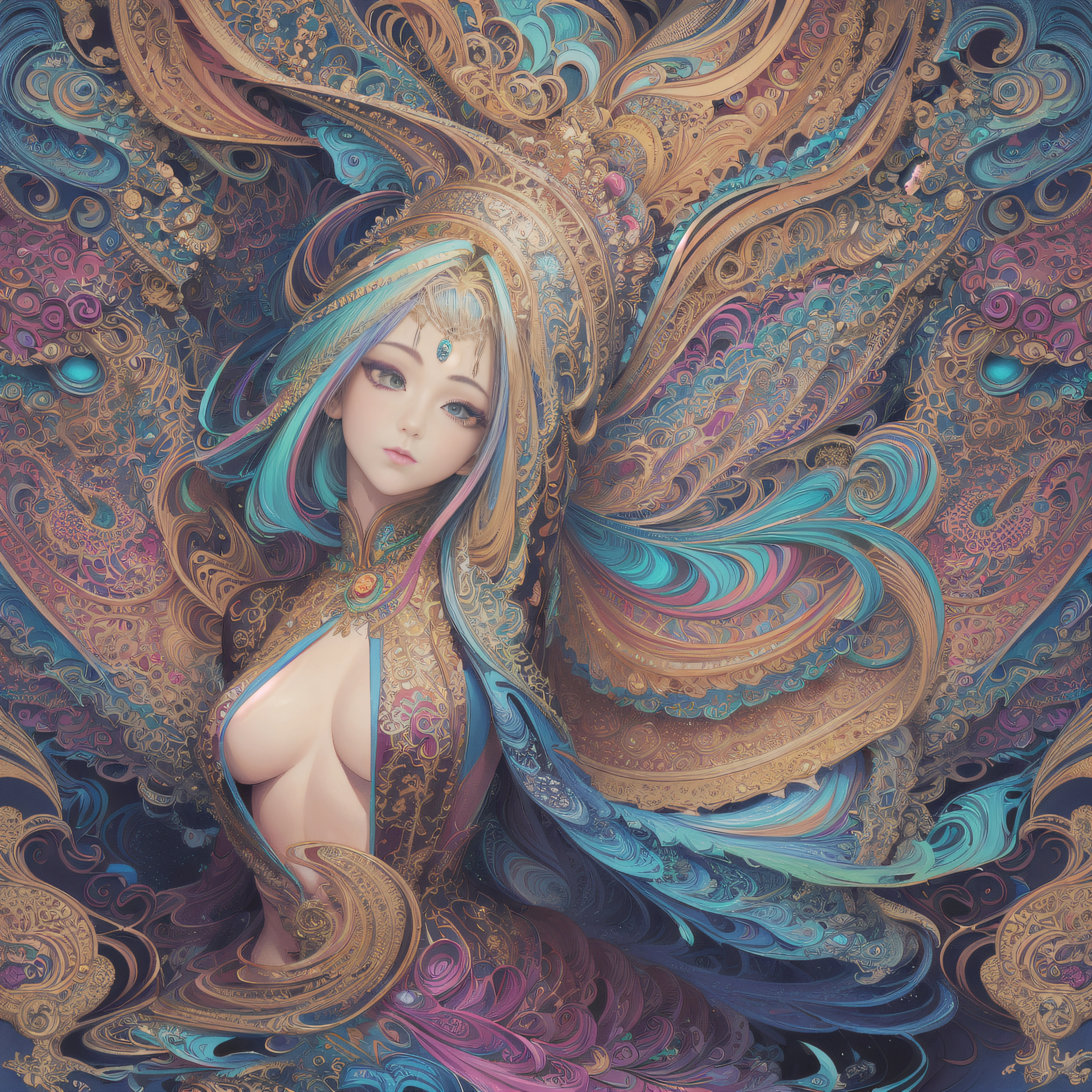 (masterpiece, top quality, best quality, official art, beautiful and aesthetic:1.2), (1girl:1.3), extremely detailed,(fractal art:1.2),colorful,highest detailed,(zentangle:1.2), (dynamic pose), (abstract background:1.5), (treditional dress:1.2), (shiny skin), (many colors:1.4), upper body
