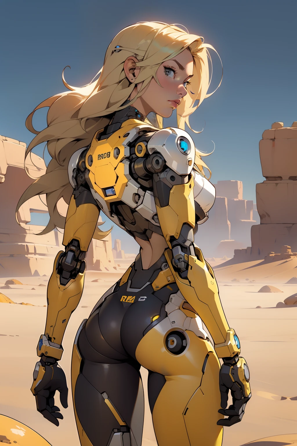 high quality, 4k, masterpiece, beautiful, cyborg girl, cowboy shot, dull eyes, back side, turning around to look at viewer, long blonde hair, girl, small breasts, fit thigh, robotic arms, robotic body, cyborg body, yellow accent, redaccent, intricate detail, joint, detailed lines, robotic detail, holding fist up, holding hand up as fist, color robotic parts, robotic parts with color, perfect fingers, on a desert planet, sunny background, colorful desert,