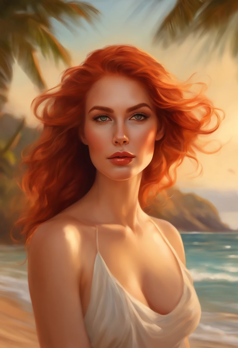 a beautiful girl with long orange hair, very sexy, standing in the water of a tropical beach,nude, stuck in the water, with the sun shining extremely detailed face and body, flawless skin, seductive pose, beach landscape, palm trees, ocean waves, warm and sunny atmosphere, vibrant colors,(best quality, 4k, 8k, high resolution, masterpiece: 1.2), ultra-detailed, (realistic, photorealistic, photorealistic: 1.37), details intricate, vivid colors, sharp focus, professional, Dave McKean artwork, surrealism oil touch, oil painting style, portrait, woman, beautiful detailed eyes, beautiful detailed lips, dreamy atmosphere, shadow play, lighting soft, fun pose, dark tones, ethereal background, fantasy elements, texture, layered composition.
