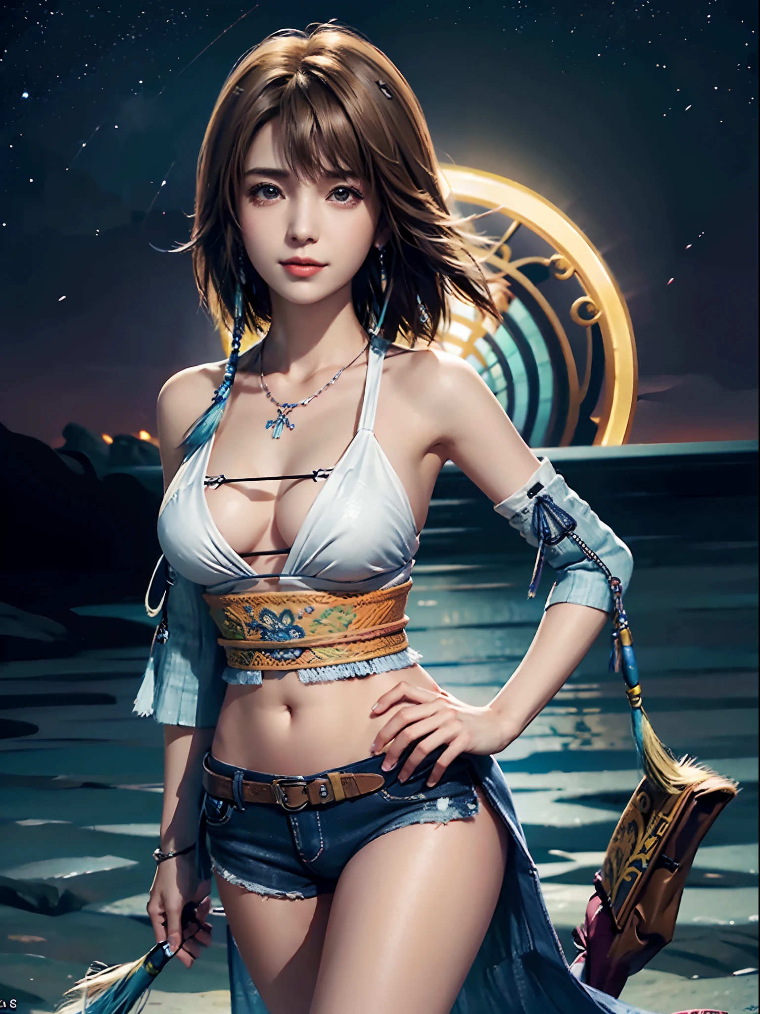 4K,1little girl、Denim Bikini、masutepiece, hight resolution, ultra-detailliert), 1 female, 28 years old, Final Fantasy Yuna x2, More mature, ((Simple background)), Plain dark background, ((There is nothing in the background)), hyper realisitic, Yuna's Final Fantasy Costume, Yuna's original costume design in Final Fantasy X2, (((nffsw://www.Creative Uncut.。.。.。.。.。.com/Gallery-01/FF10 - 2 - Yuna 2......html))), Tattered exposed denim shorts, Features of asymmetrical clothing, Belt on the left hip, Simulation of the best clothes, No collar, 1womanl, Windy nights, Yuna&#39;Bob hairstyle, busty, cleavage, middle_Breast, thicc body, Smile, Lack of hanging sleeves,, up close shot, full frontal shot, zoomed in shots, Access HIPS image scope, Smile with closed mouth, head to waist, Characters looking at the camera, looking at you, YunaFFX, blue-beaded earring