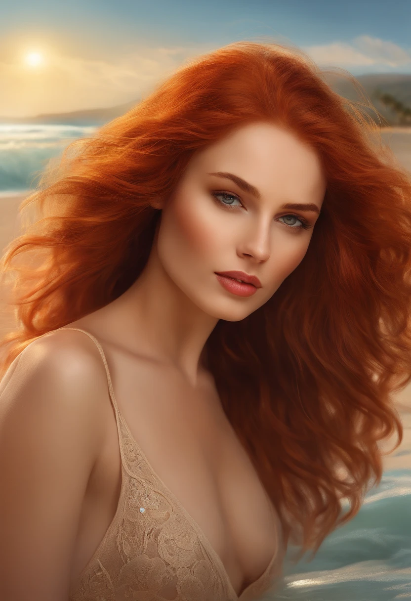 red-haired naked woman with small breasts sitting on the beach with her breasts exposed,illustration,oil painting,vivid colors,warm color tone,soft lighting,beautiful detailed eyes,beautiful detailed lips,ultra-detailed,realistic,fair skin tone,sun-kissed skin,relaxed expression,casual hairstyle,wavy hair,wind blowing through hair,peaceful atmosphere,palm trees in the background,sandy beach,gentle waves,crystal clear water.