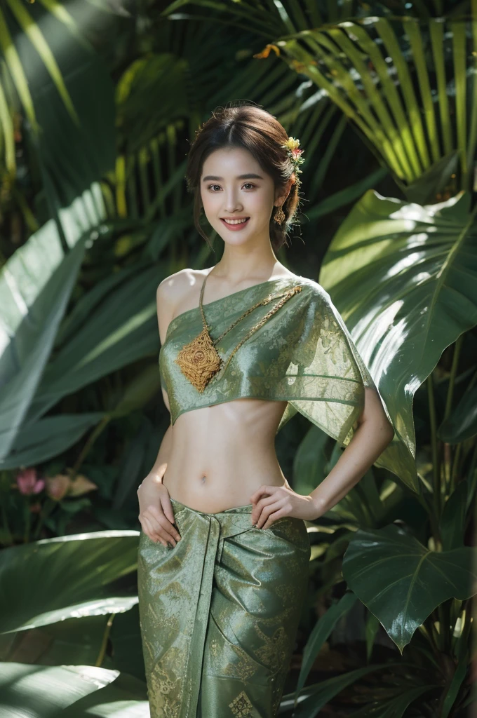 8k, masterpiece, RAW photo, best quality, photorealistic, extremely detailed CG unity 8k wallpaper, Depth of field, Cinematic Light, Lens Flare, Ray tracing, (extremely beautiful face, beautiful lips, beautiful eyes), intricate detail face, ((ultra detailed skin)), (liuyifei:0.2) 1girl, deep shadow, pretty girl, (very slim slender fit-muscled body:1.3), ((looking at viewer)), (big smile:1.3), clear eyes, front shot, (pale skin), (big eyes), face forward, (brown hairs), very slim, small breasts, BREAK (dark colorful long sabai:1.4), traditional thai dress, (jewelry:1.3), (navel), BREAK in dark tropical_forest, tropical_flower, (hard light, light rays, dappled light, shadows, ray tracing:1.6), walk way