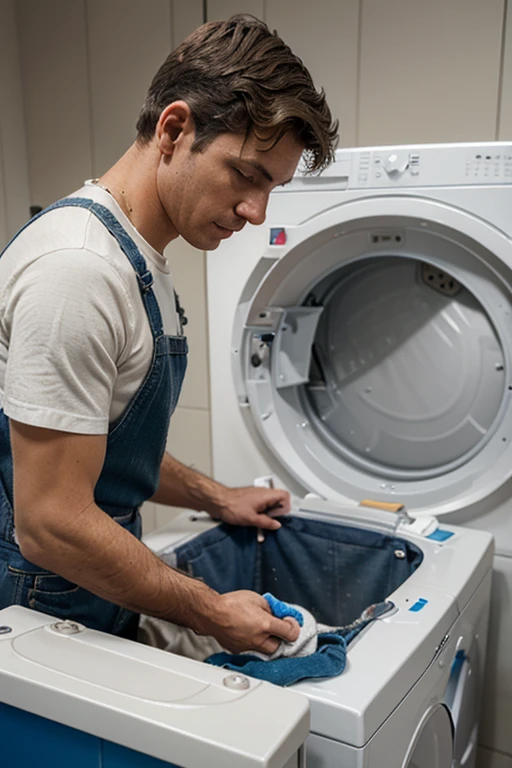 Master repairing a washing machine, realistic quality, he has the keys in his hands