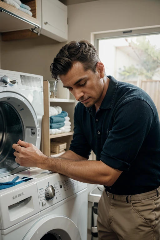 Master repairing a washing machine, realistic quality, he has the keys in his hands
