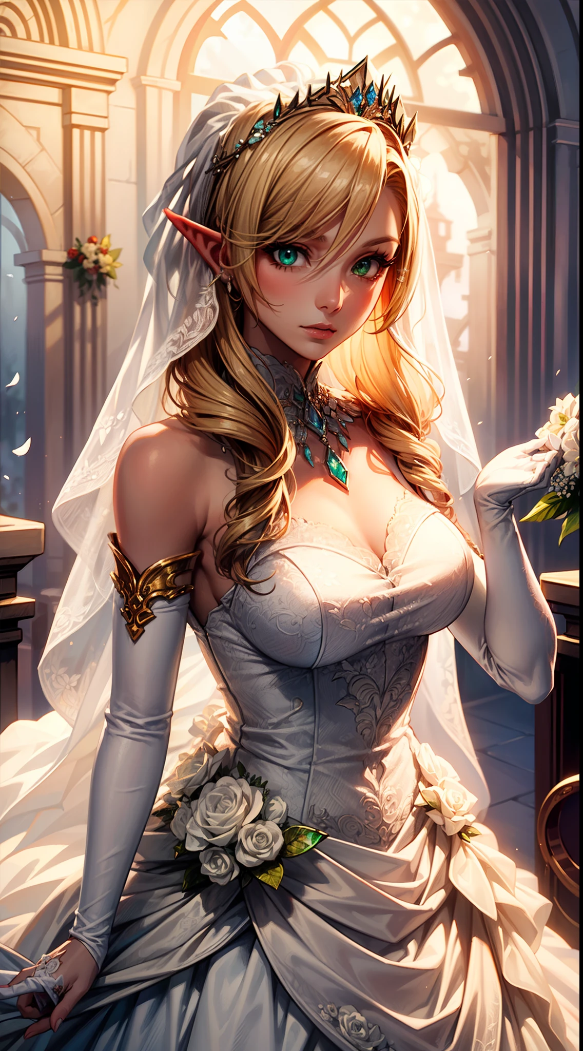 wedding, bribe dress, (white colored wedding dress:1.5), blood elf from World of Warcraft, long golden hair, detailed face, emerald green eyes, detailed eyes, holding bribe flowers, detailed hands, detailed fingers, crowd background