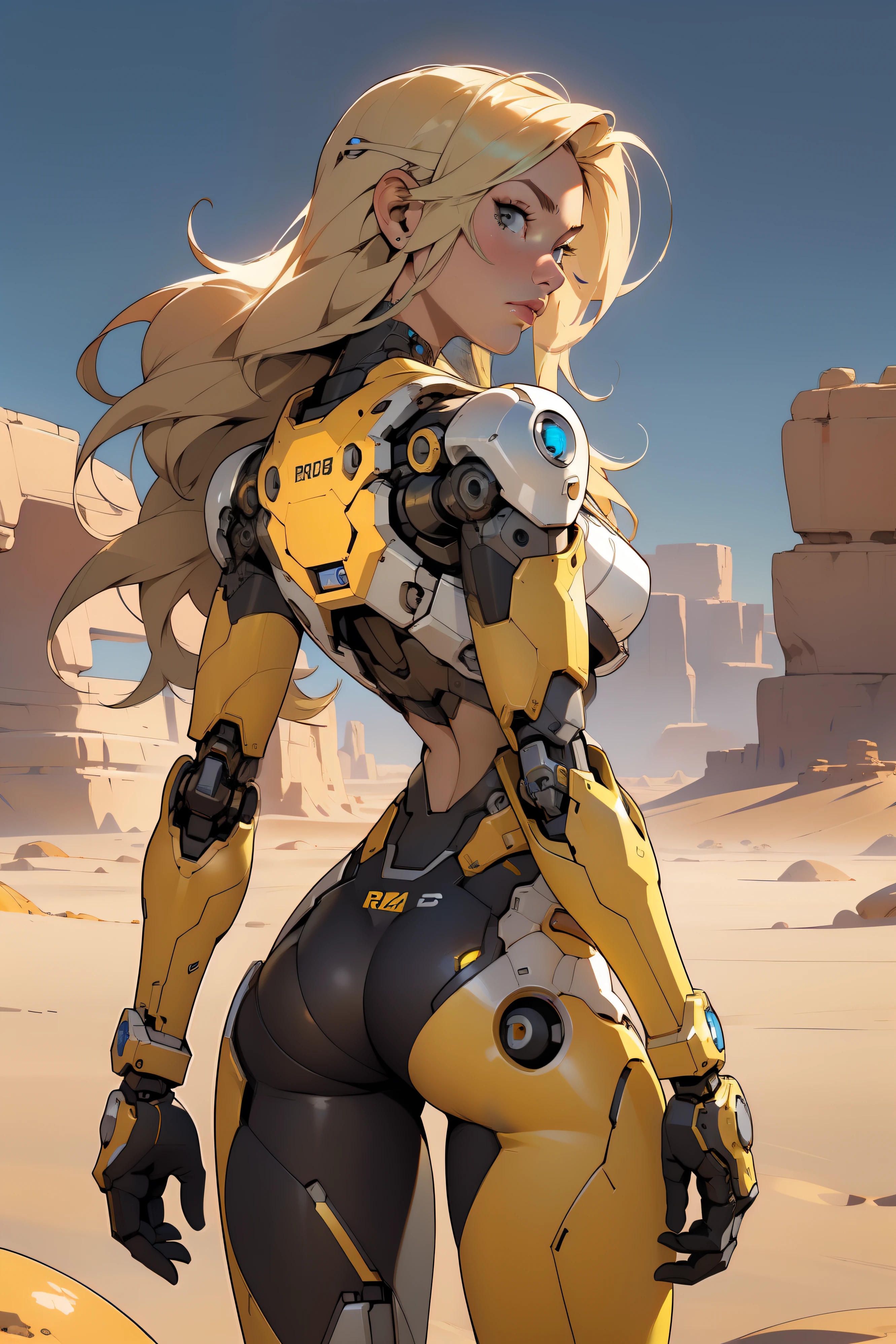 high quality, 4k, masterpiece, beautiful, cyborg girl, cowboy shot, dull eyes, back side, turning around to look at viewer, long blonde hair, girl, small breasts, fit thigh, robotic arms, robotic body, cyborg body, yellow accent, redaccent, intricate detail, joint, detailed lines, robotic detail, holding fist up, holding hand up as fist, color robotic parts, robotic parts with color, perfect fingers, on a desert planet, sunny background, colorful desert,