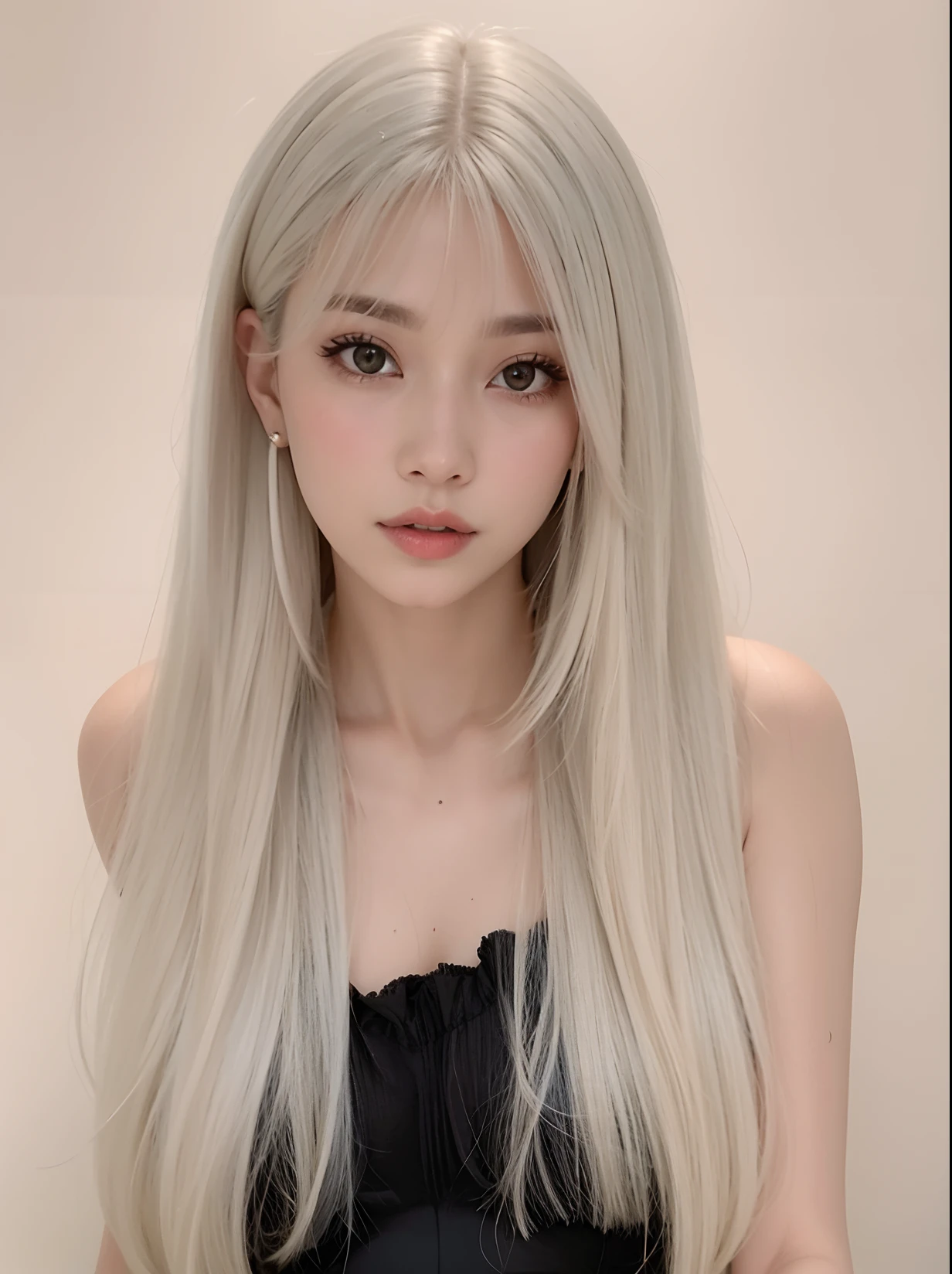 um close up de uma mulher com longos cabelos loiros usando um vestido preto, branco hime corte penteado, longos cabelos brancos e franja, com cabelos longos brancos, longos cabelos lisos prateados, cabelos lisos longos e brancos, com longos cabelos brancos, cabelo comprido com franja completa, cabelos longos com franja, cabelos lisos brancos, O corte Hime, cabelo whitebangs cabelo, Lalisa Manobal