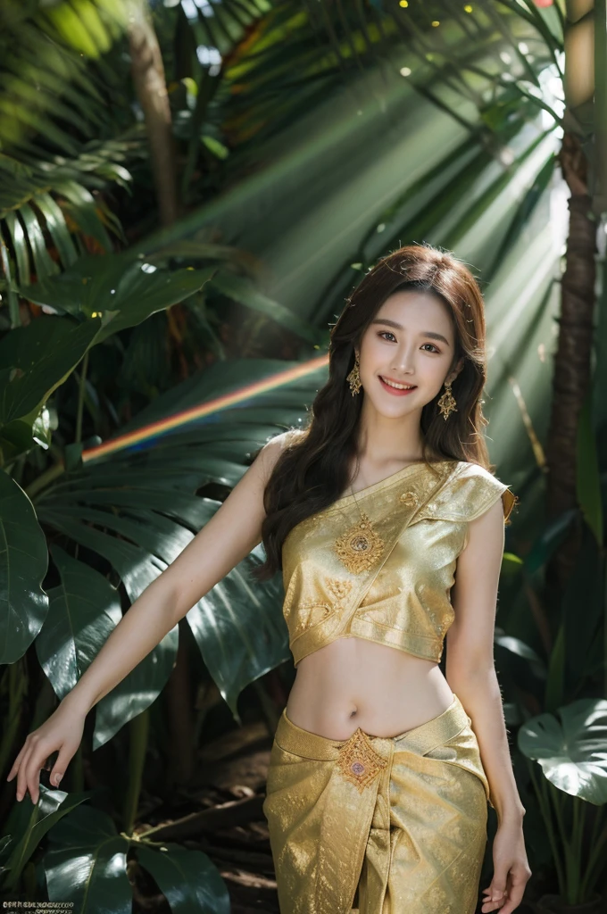 8k, masterpiece, RAW photo, best quality, photorealistic, extremely detailed CG unity 8k wallpaper, Depth of field, Cinematic Light, Lens Flare, Ray tracing, (extremely beautiful face, beautiful lips, beautiful eyes), intricate detail face, ((ultra detailed skin)), (liuyifei:0.2) 1girl, in the dark, deep shadow, pretty girl, (very slim slender fit-muscled body:1.3), ((looking at viewer)), (big smile:1.3), clear eyes, front shot, (pale skin), (big eyes), face forward, (brown hairs), (looking at viewer:1.3), very slim, small breasts, (upper body shot), BREAK (windy:1.4), (floating hair:1.3), (long sabai:1.4), (dynamic color:1.4) traditional thai dress, (jewelry:1.3), (navel), in wonderful garden, sunray, sun raise, sun light, (dynamic angle:1.2), (dynamic shot:1.2), (dynamic view:1.2),