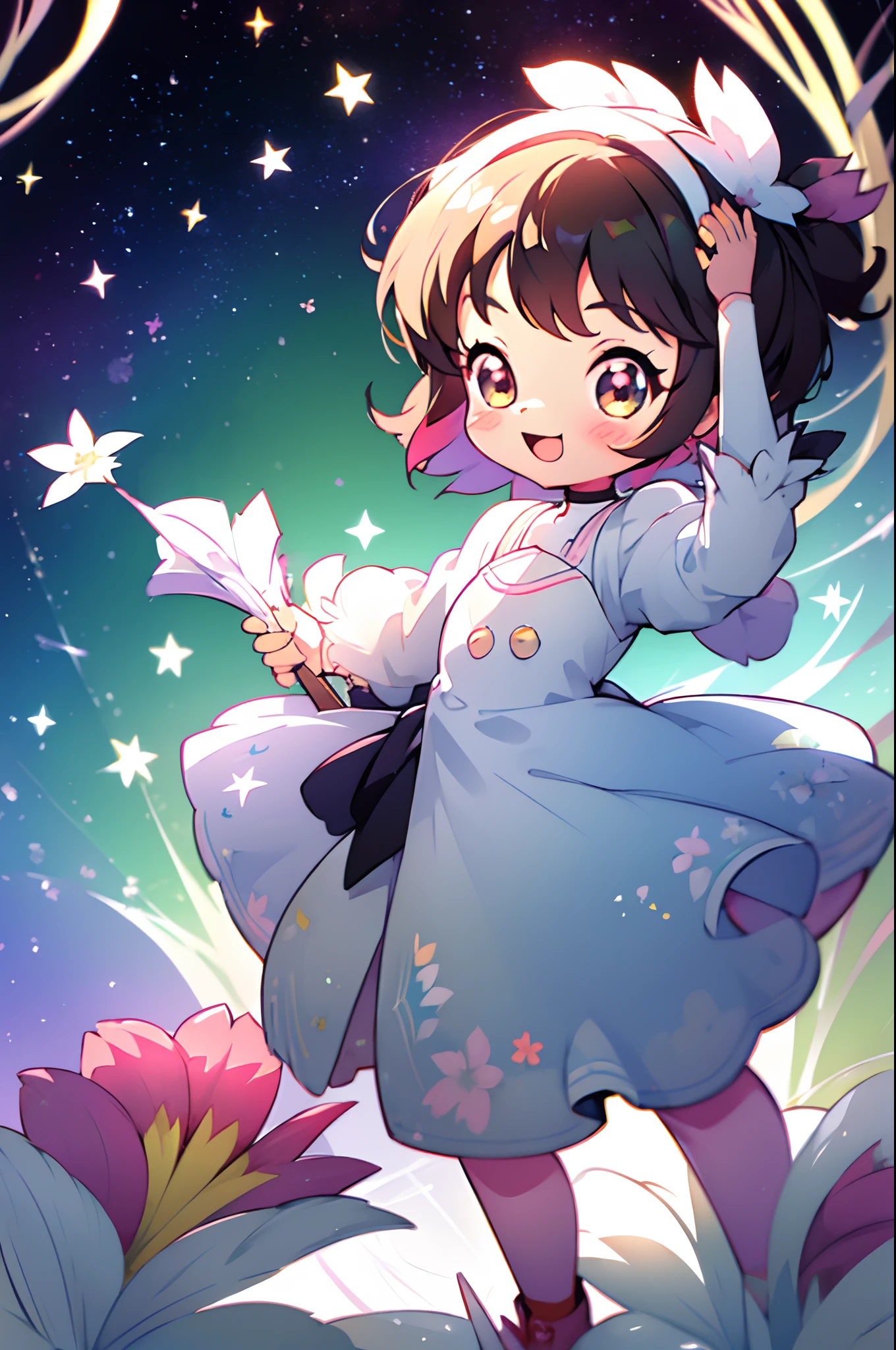 Extremely detailed,(Fractal Art:1.1),(Colorful:1.1)(Flowers:1.3)、 (Dynamic Pose), (Abstract background:1.3)、(Many colors:1.4)、Place one small doll on a circular stand、kawaii pose、A smile、A dark-haired、Chibi Doll、Stars in the eyes(kirakira)、Singing with microphone in hand、Eye Up、Laugh、Cute red shoes、Ultra Detail, radiant light、bio luminescent、Stronger bokeh effect、Taken from the side